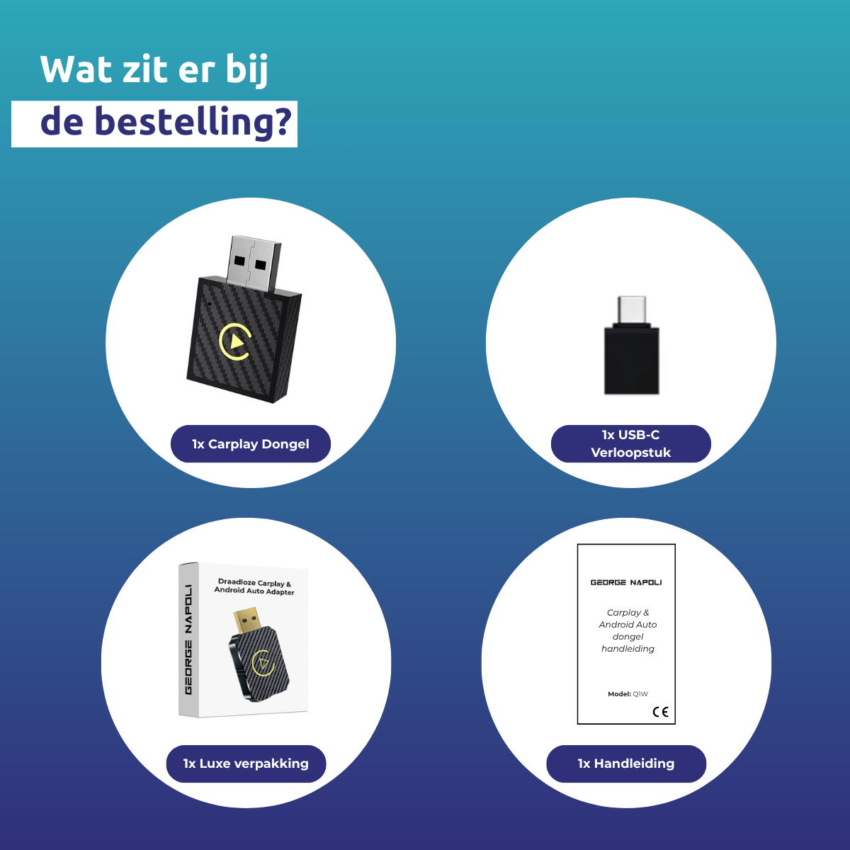 The image shows the contents of a purchase: a CarPlay dongle, a USB-C adapter, a luxurious package, and a manual.