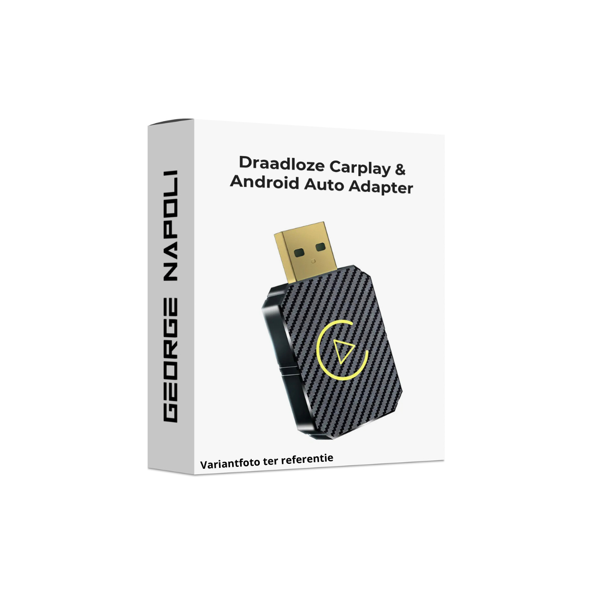 A white box with a USB adapter that says 'Draadloze Carplay & Android Auto Adapter'. The adapter is black with a yellow play symbol.