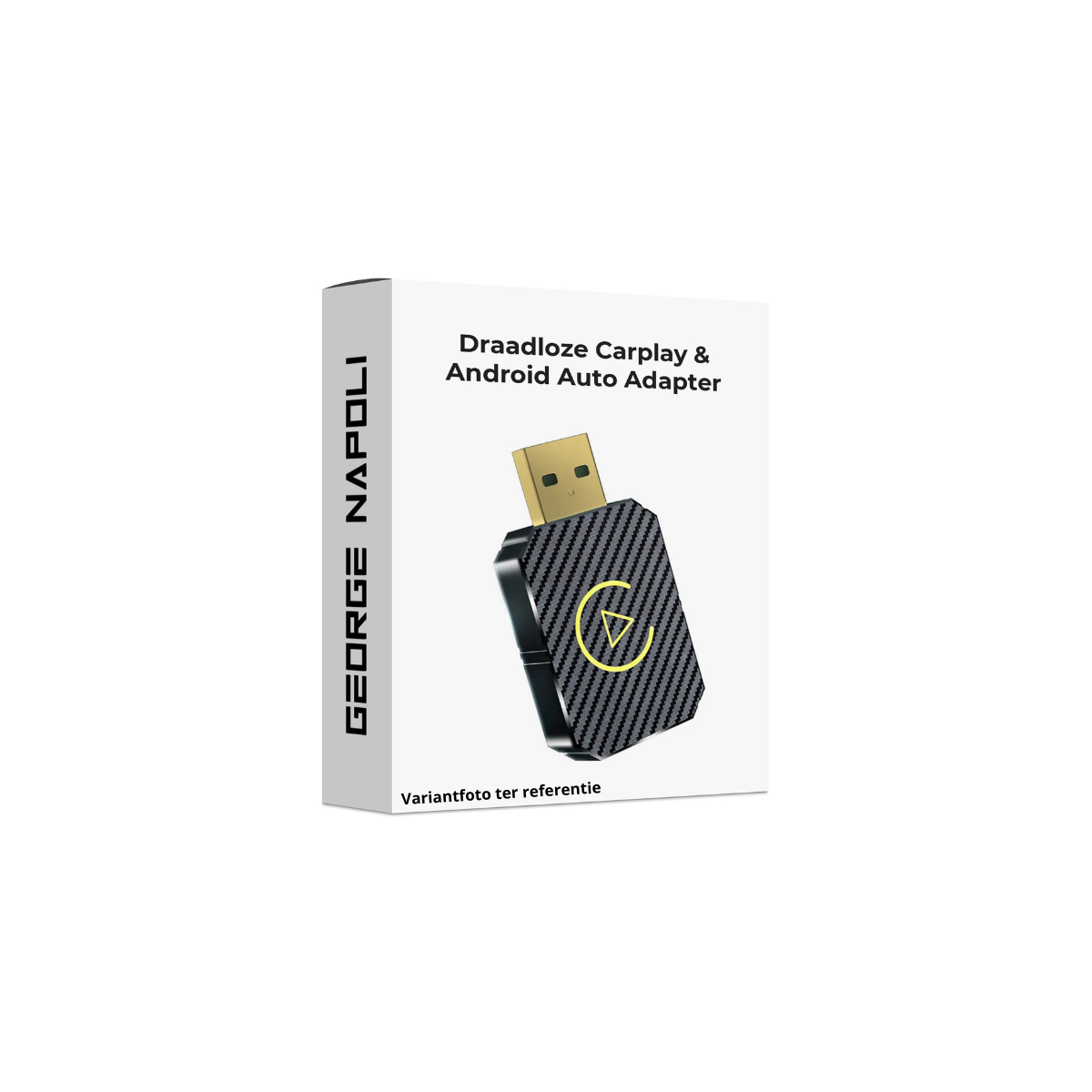Box with a wireless CarPlay & Android Auto adapter. The adapter is black with a yellow triangle symbol.
