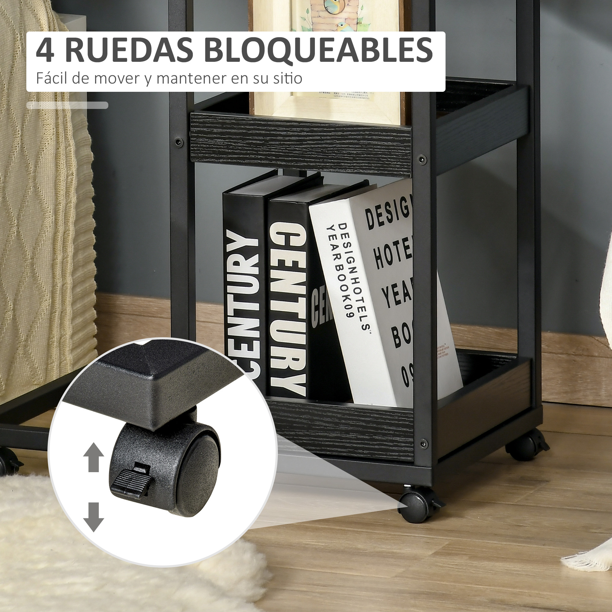 Un carrito negro con libros sobre ruedas. Las ruedas tienen un mecanismo de bloqueo.