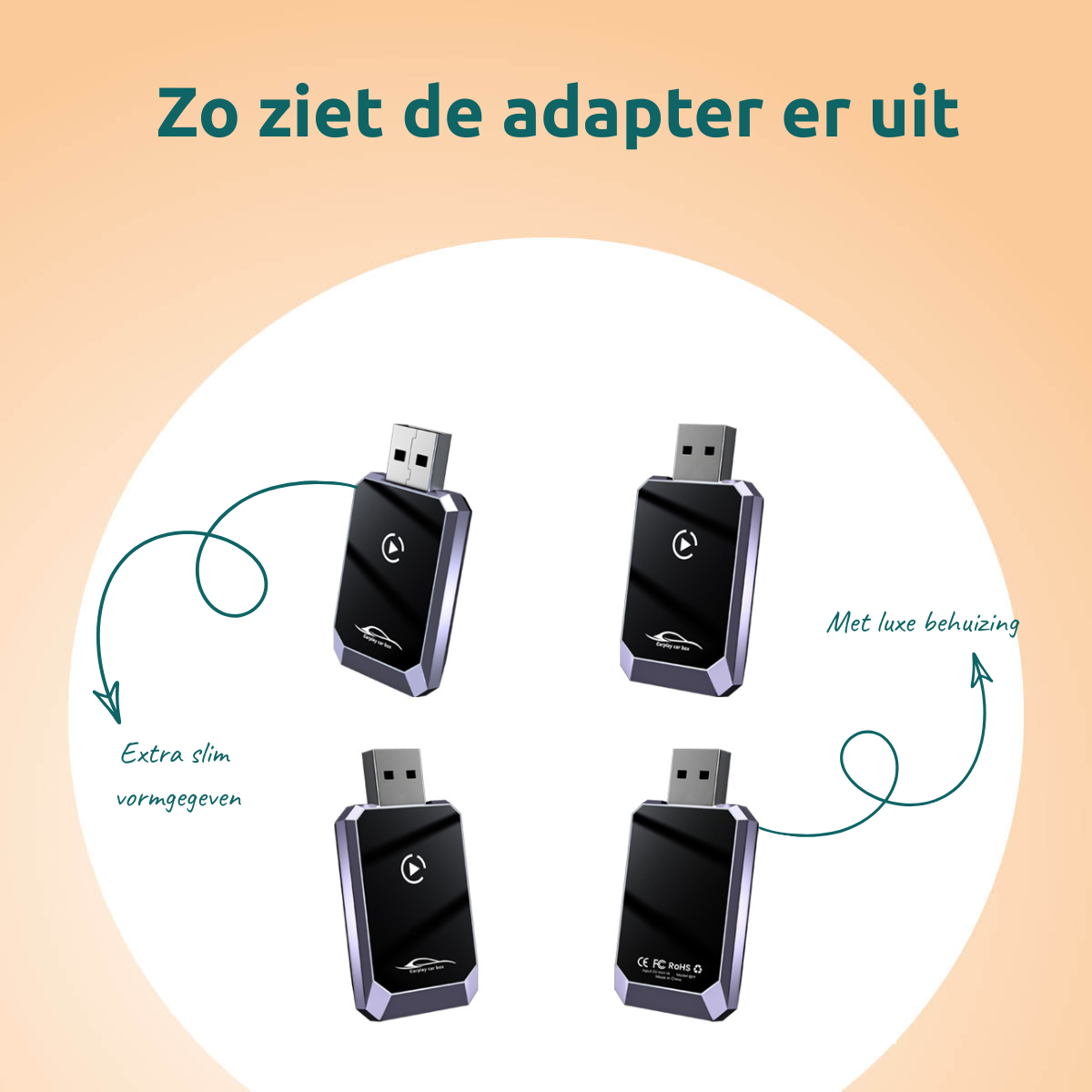 Image shows four black USB adapters with silver trim. Text indicates 'extra slim' and 'luxury case'.