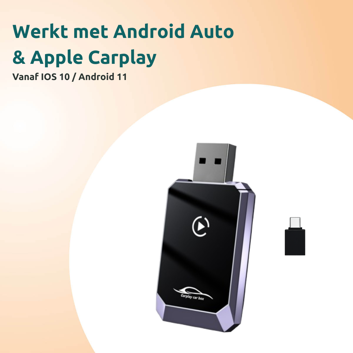A black device with a USB connector. It supports Android Auto and Apple CarPlay. A smaller black connector is next to it.
