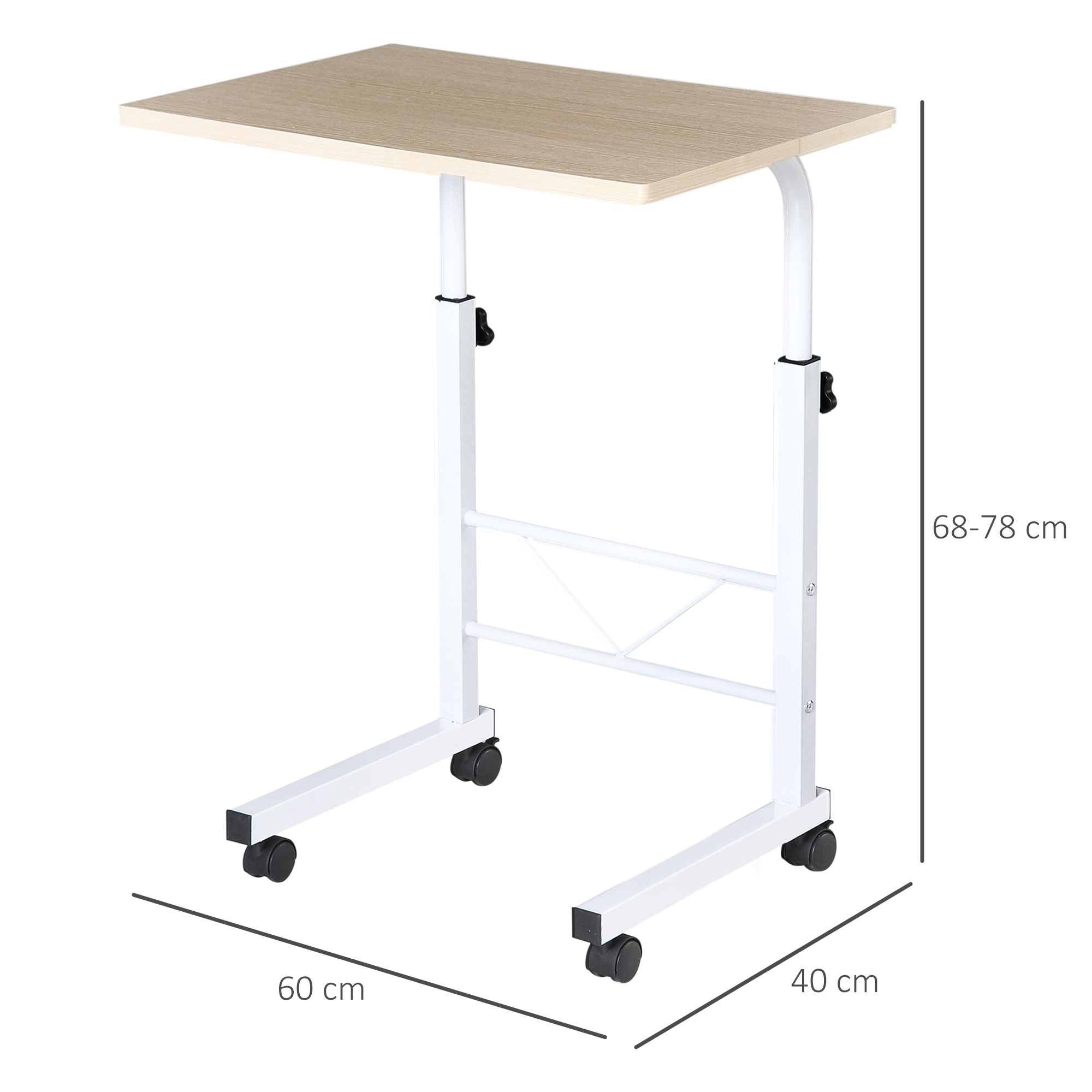 Una mesa rodante para portátil regulable en altura. Tiene una tapa de madera clara y un marco de metal blanco, con dimensiones.