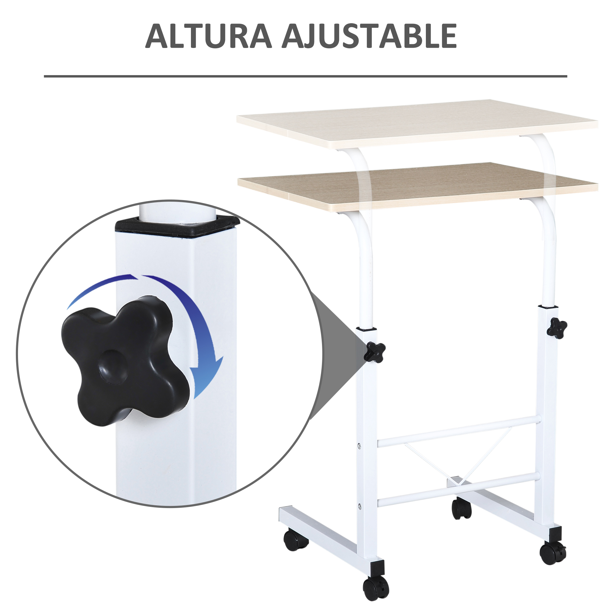 Mesa de altura ajustable. Marco blanco, dos superficies de madera y ruedas negras. Primer plano muestra la perilla de ajuste.