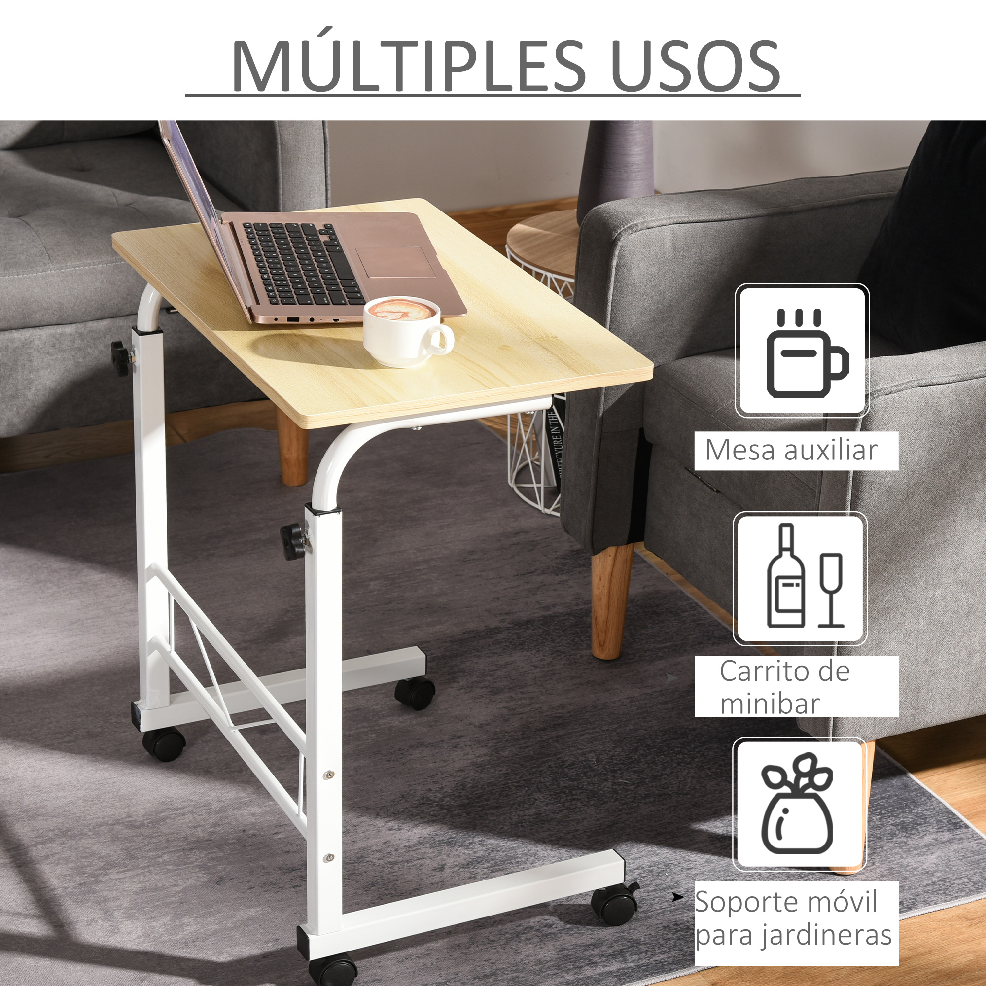 Una laptop y una taza de café están sobre una mesa rodante. Tres ilustraciones muestran usos: mesa auxiliar, minibar y soporte para plantas.