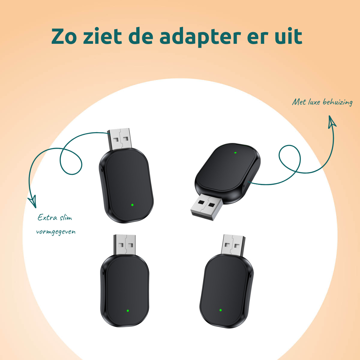 Image shows four black USB adapters with white USB connectors. Arrows point to text about design and housing.