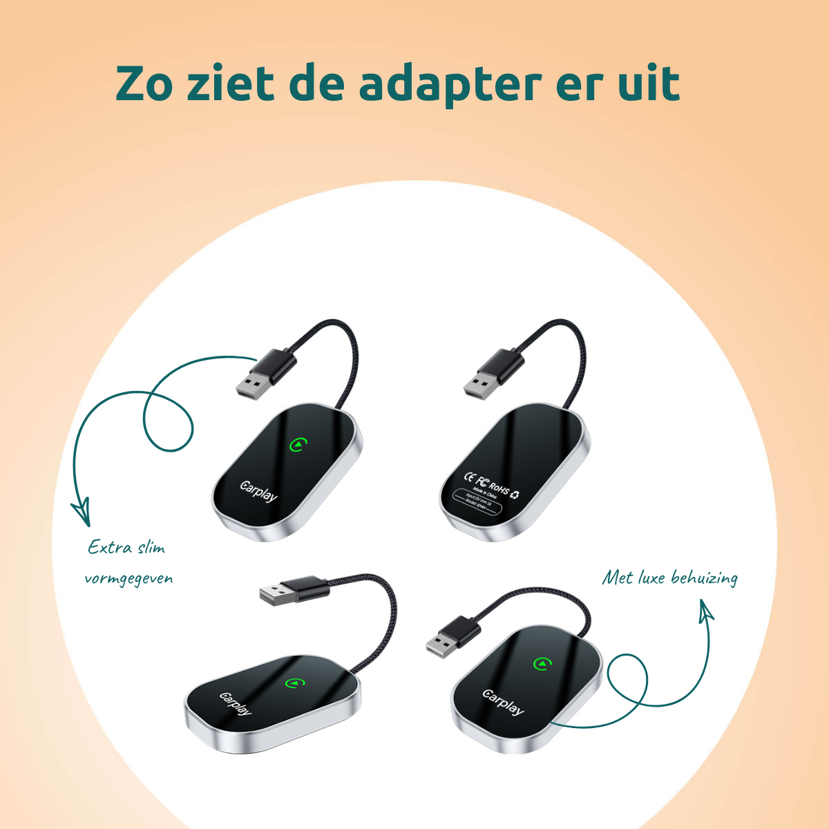 Image shows four black CarPlay adapters with USB cables, labeled 'Carplay'. Text indicates they are extra slim and have a luxe housing.