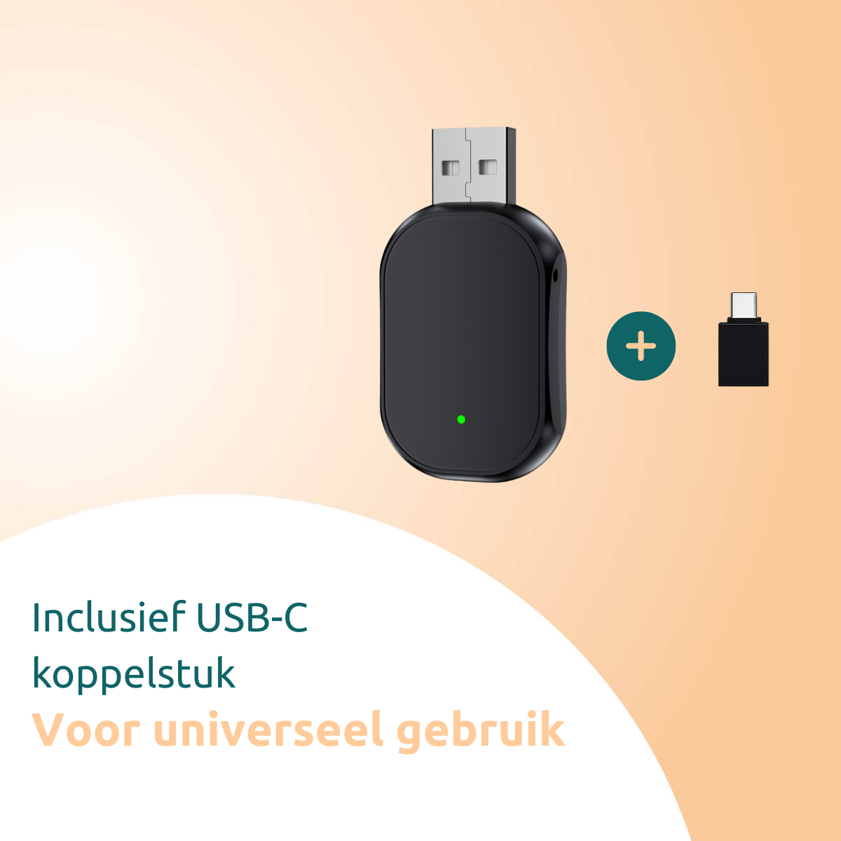 A black USB adapter with a USB-A plug and a USB-C adapter, plus a green plus symbol. Text: Includes USB-C connector.