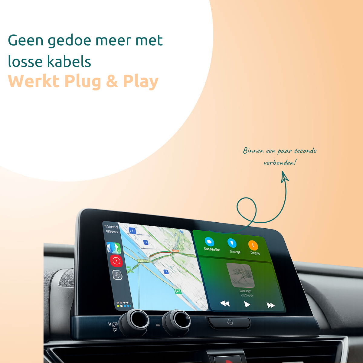 Car dashboard showing a navigation map and music controls, with text: Works Plug & Play. A cable-free experience.