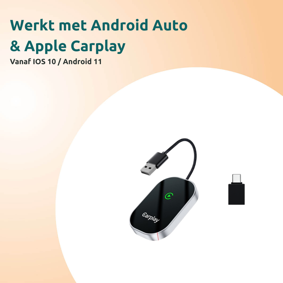 Image shows a black CarPlay device with a USB cable. Text above says 'Works with Android Auto & Apple CarPlay'.