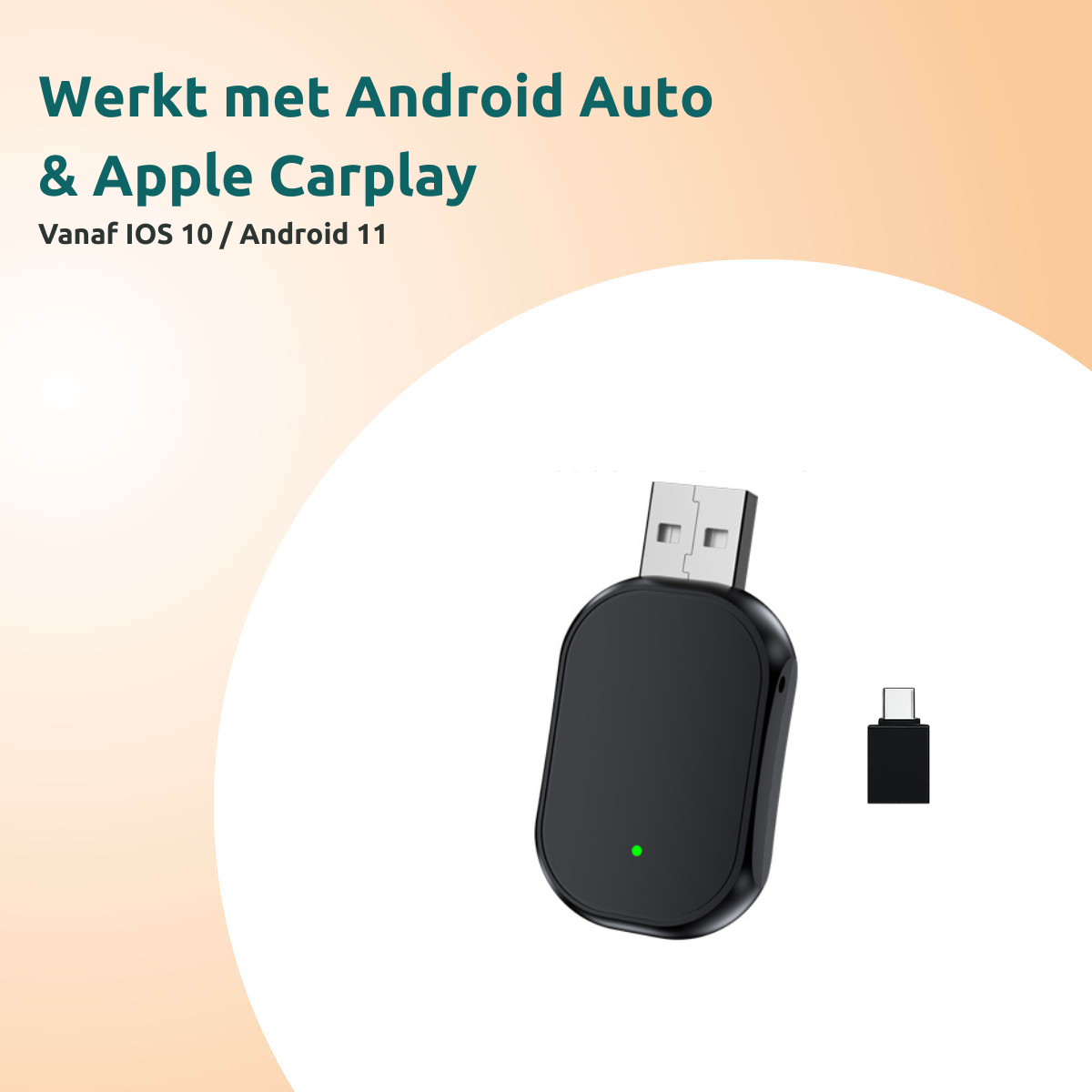 Black USB adapter with a USB-A connector, a green light, and a smaller USB-C adapter. Text above says Android Auto & Apple Carplay.