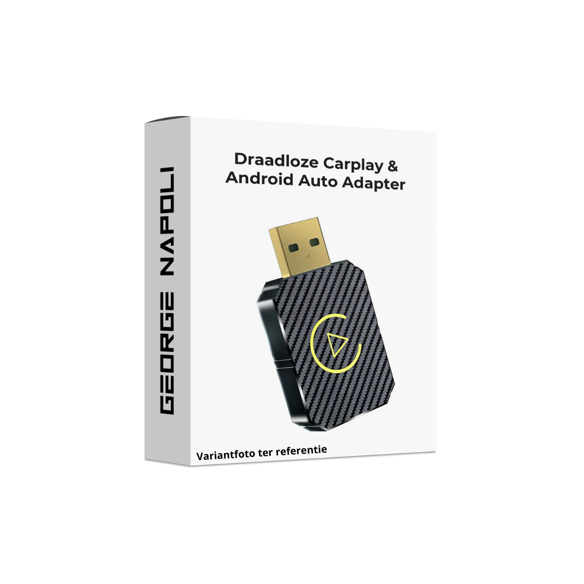 Box with a wireless CarPlay & Android Auto adapter. It has a USB connector and a yellow play symbol.