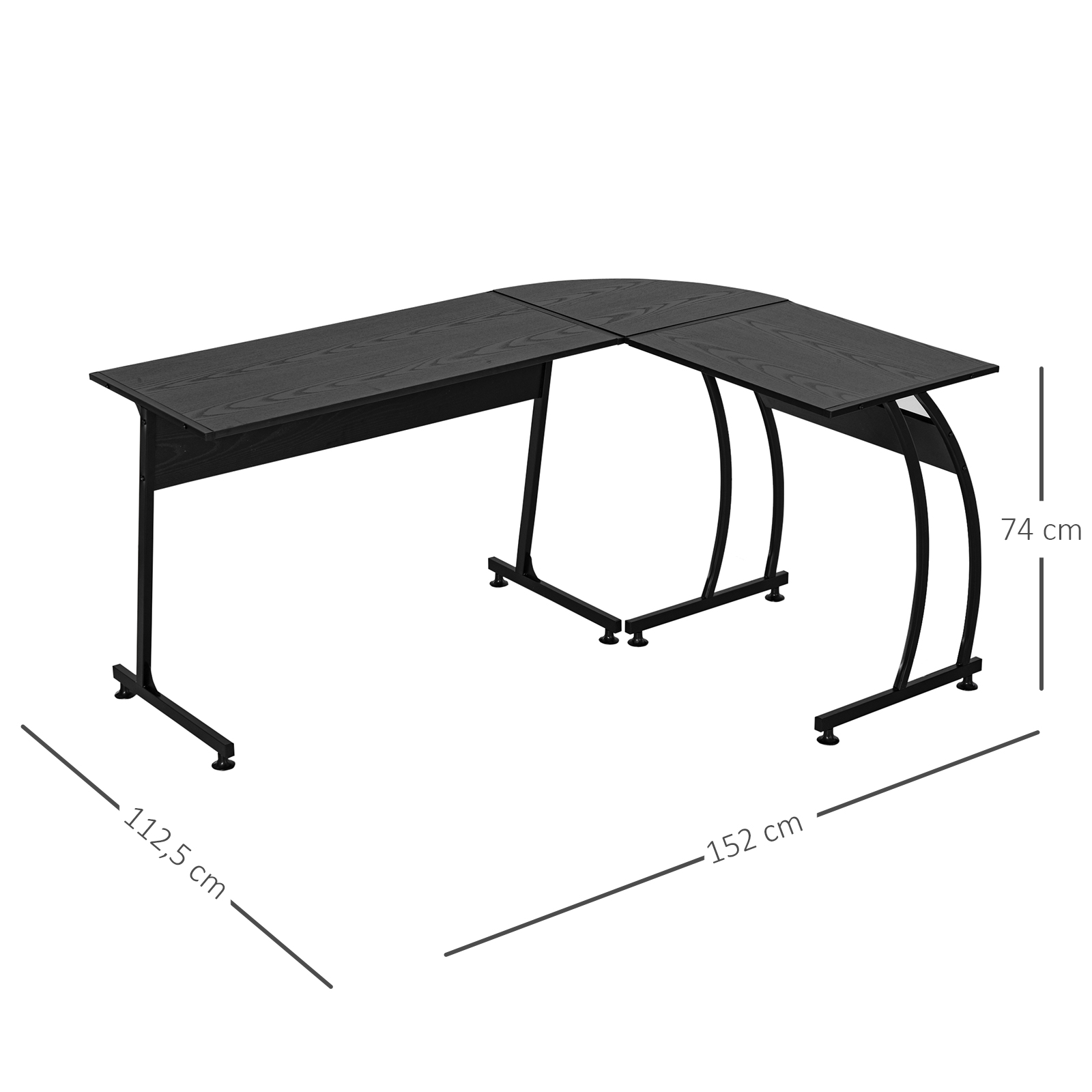 Un escritorio negro en forma de L con superficie de madera y patas metálicas. Dimensiones: 112,5 cm, 152 cm y 74 cm.
