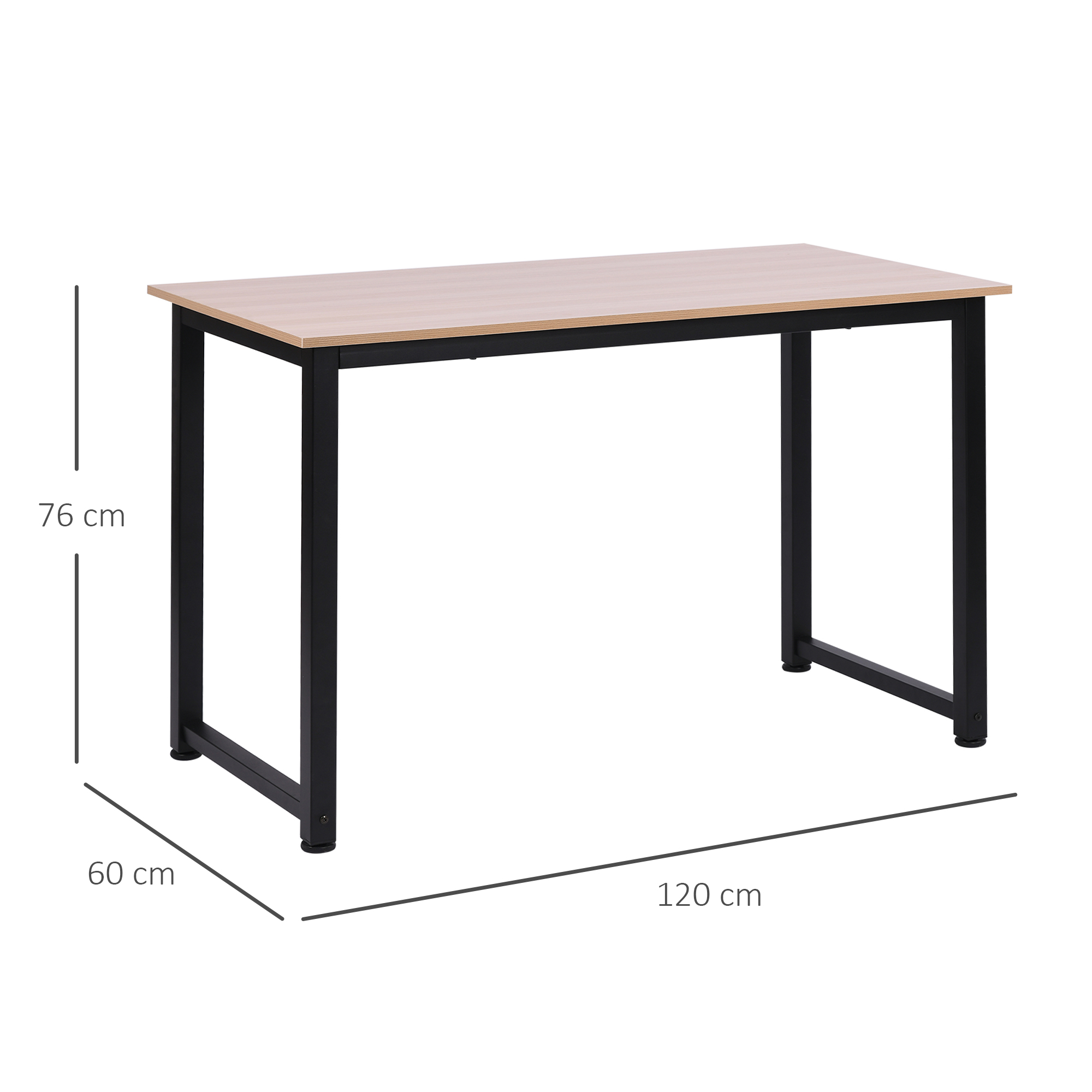 Escritorio rectangular con tapa de madera clara y patas de metal negro. Dimensiones: 120x60x76 cm.