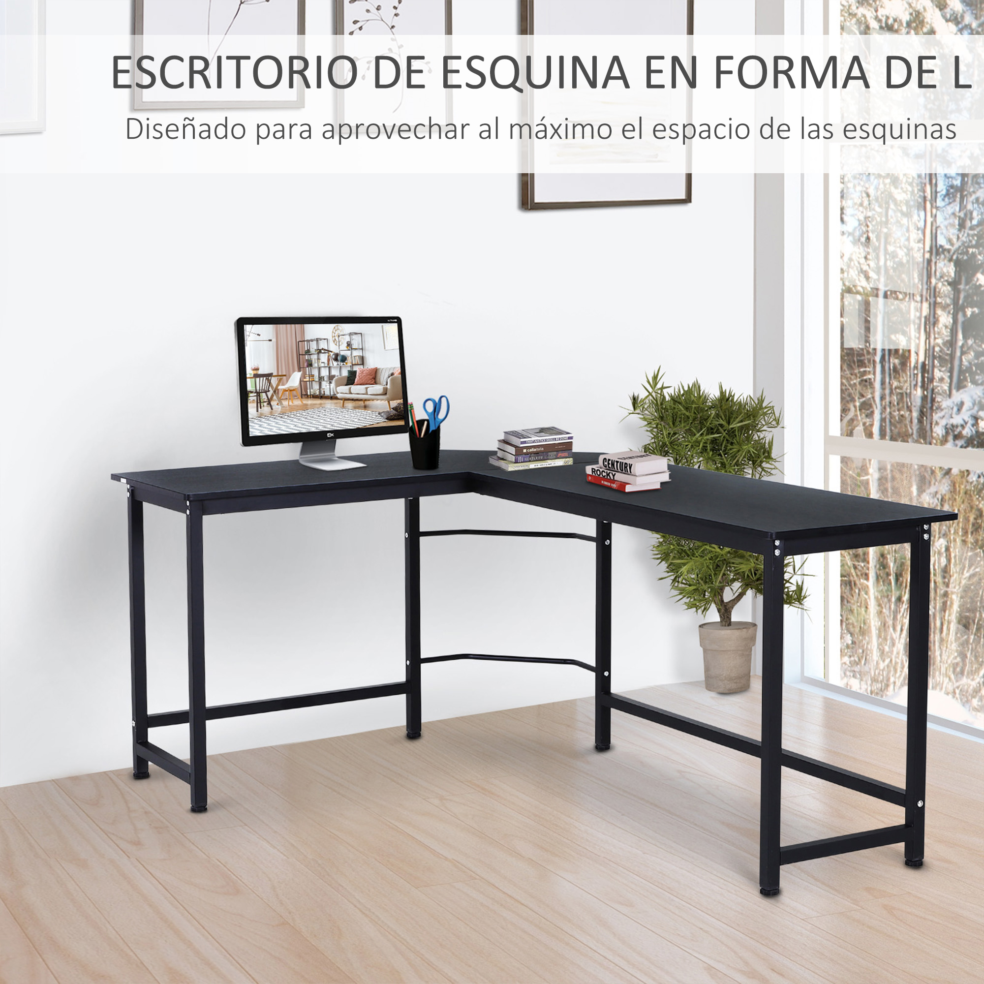 Un escritorio negro en forma de L con computadora, libros y una planta. Un ventanal con vista nevada al fondo.