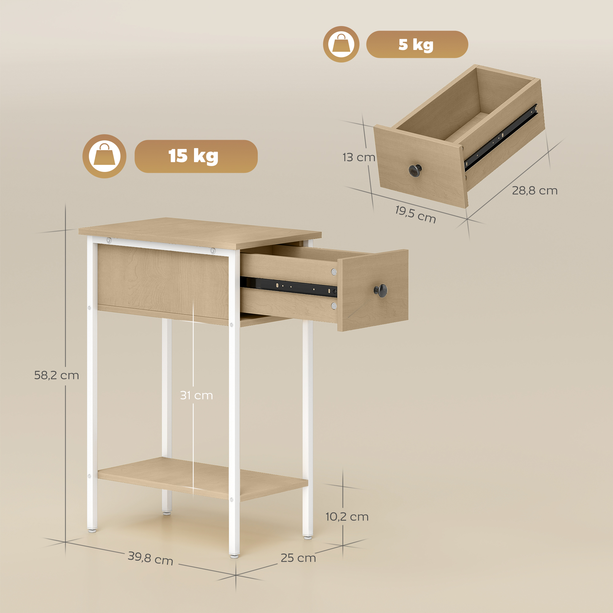 Una mesa auxiliar con un cajón abierto. Es de madera clara con patas blancas. Se muestran las dimensiones y la capacidad de peso.