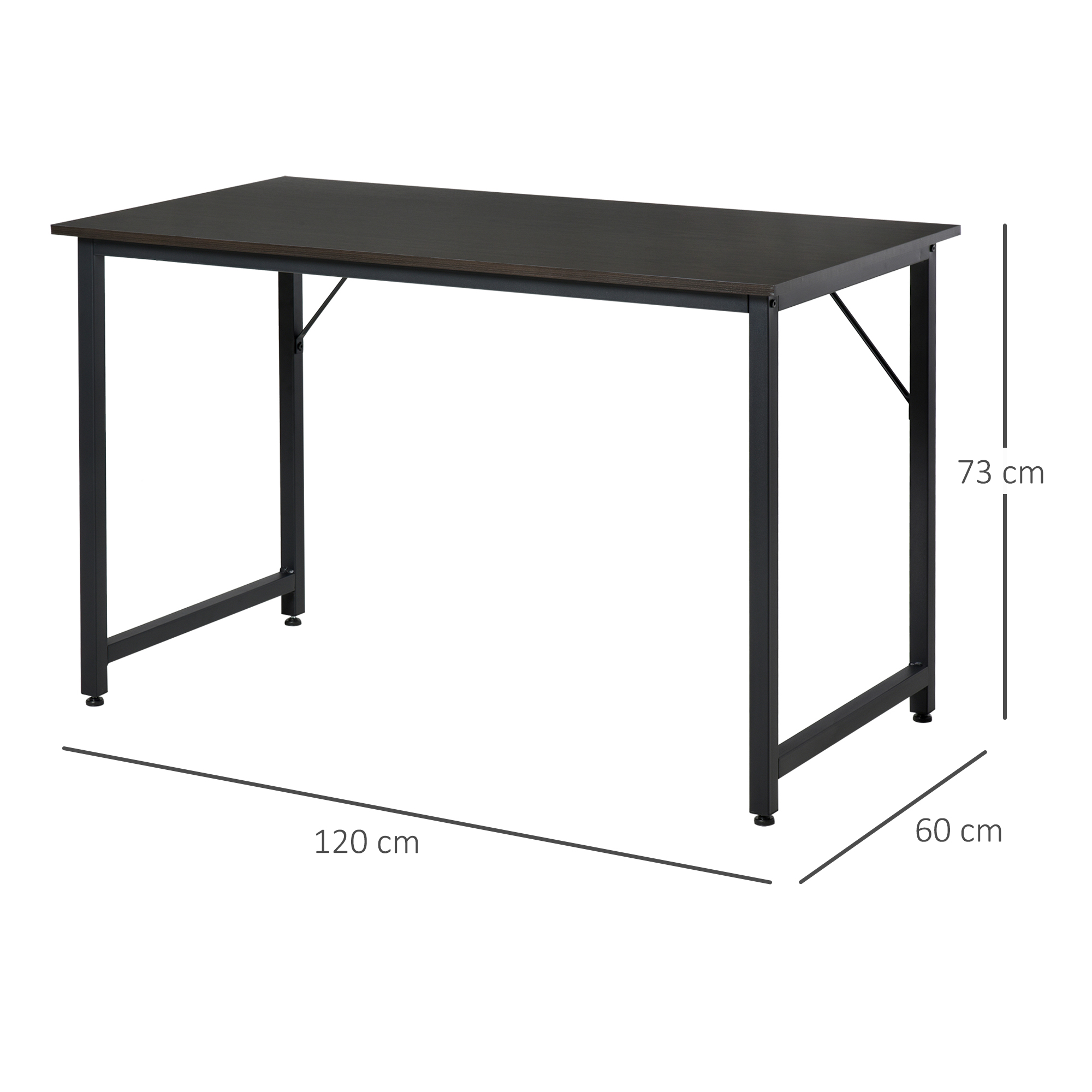 Un escritorio rectangular marrón oscuro con patas negras. Dimensiones etiquetadas: 120cm, 60cm y 73cm.