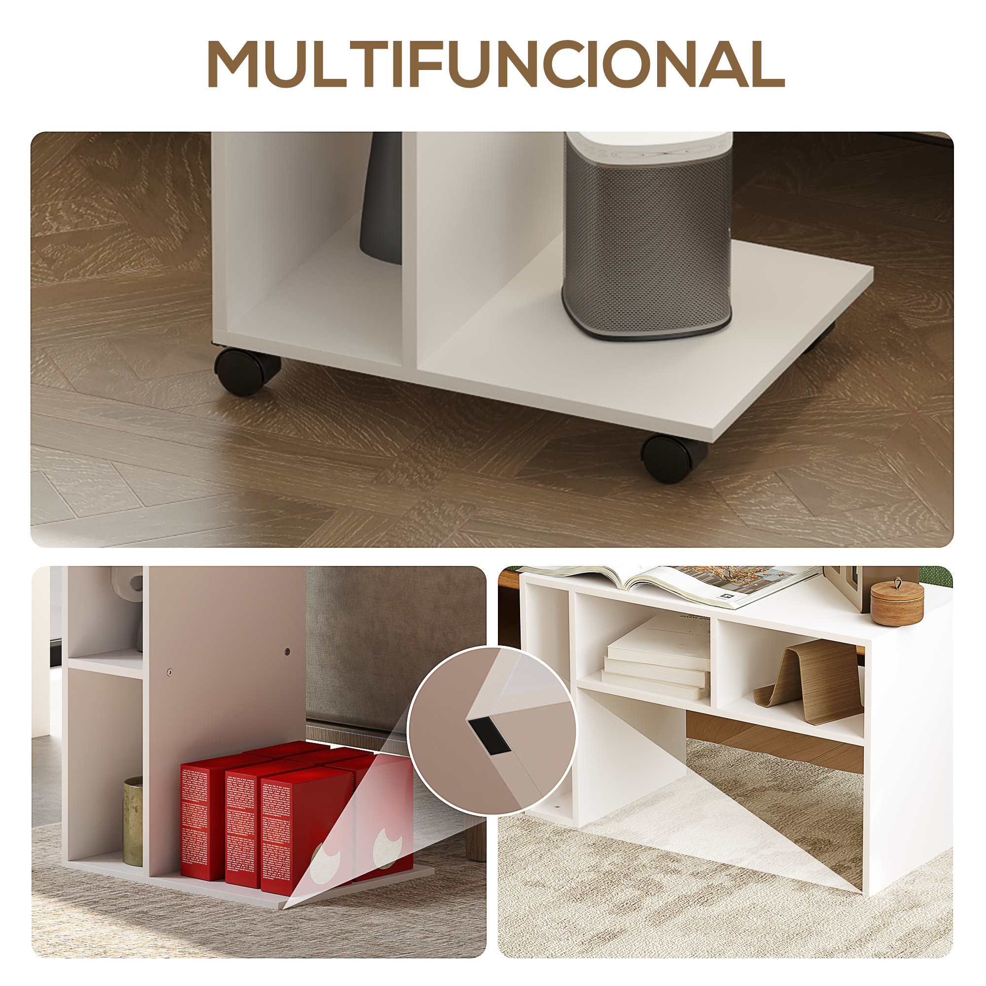 Una mesa blanca con ruedas tiene un altavoz encima y estantes debajo. Se ven cajas rojas en la sección inferior izquierda.