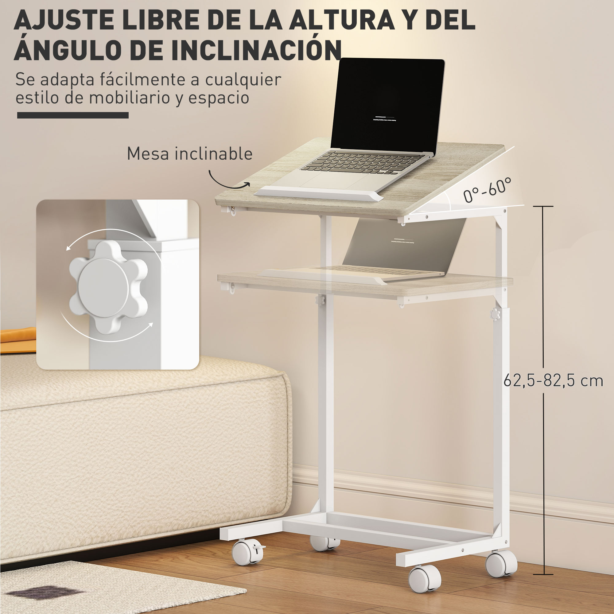 Una mesa para portátil ajustable en altura con superficie inclinada, un portátil y un sofá.