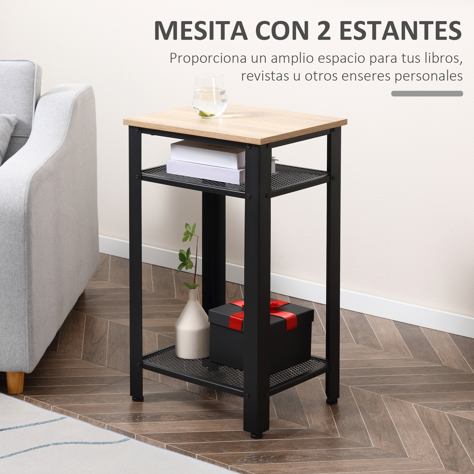 Una pequeña mesa de madera con marco de metal negro. Tiene dos estantes y un vaso de agua encima.