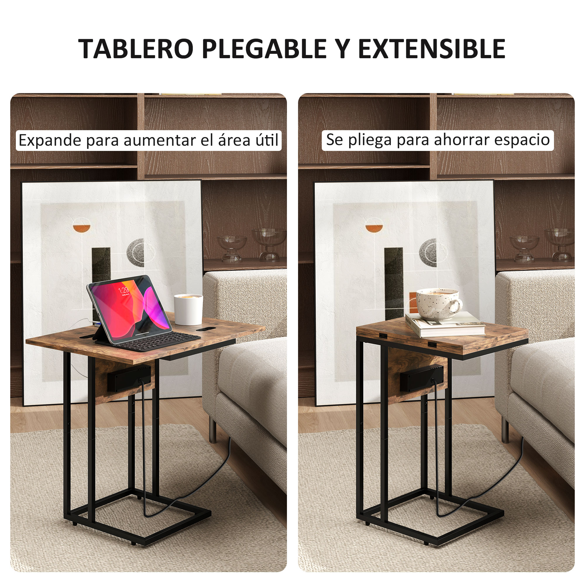 Una mesa plegable y extensible. El lado izquierdo tiene una tableta, el lado derecho una taza y un libro. Ambos tienen un cable de alimentación.