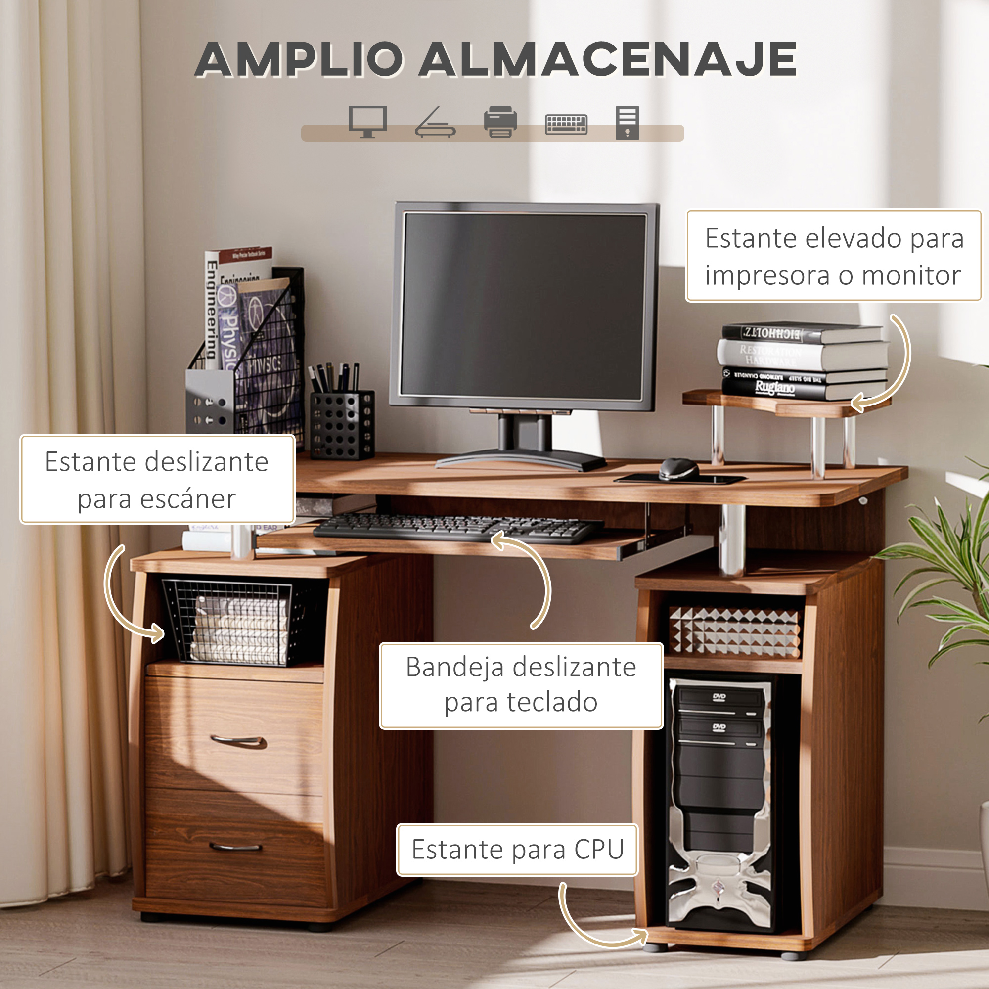 Escritorio de madera con monitor, bandeja para teclado y compartimento para CPU. También hay libros, material de oficina y una planta.