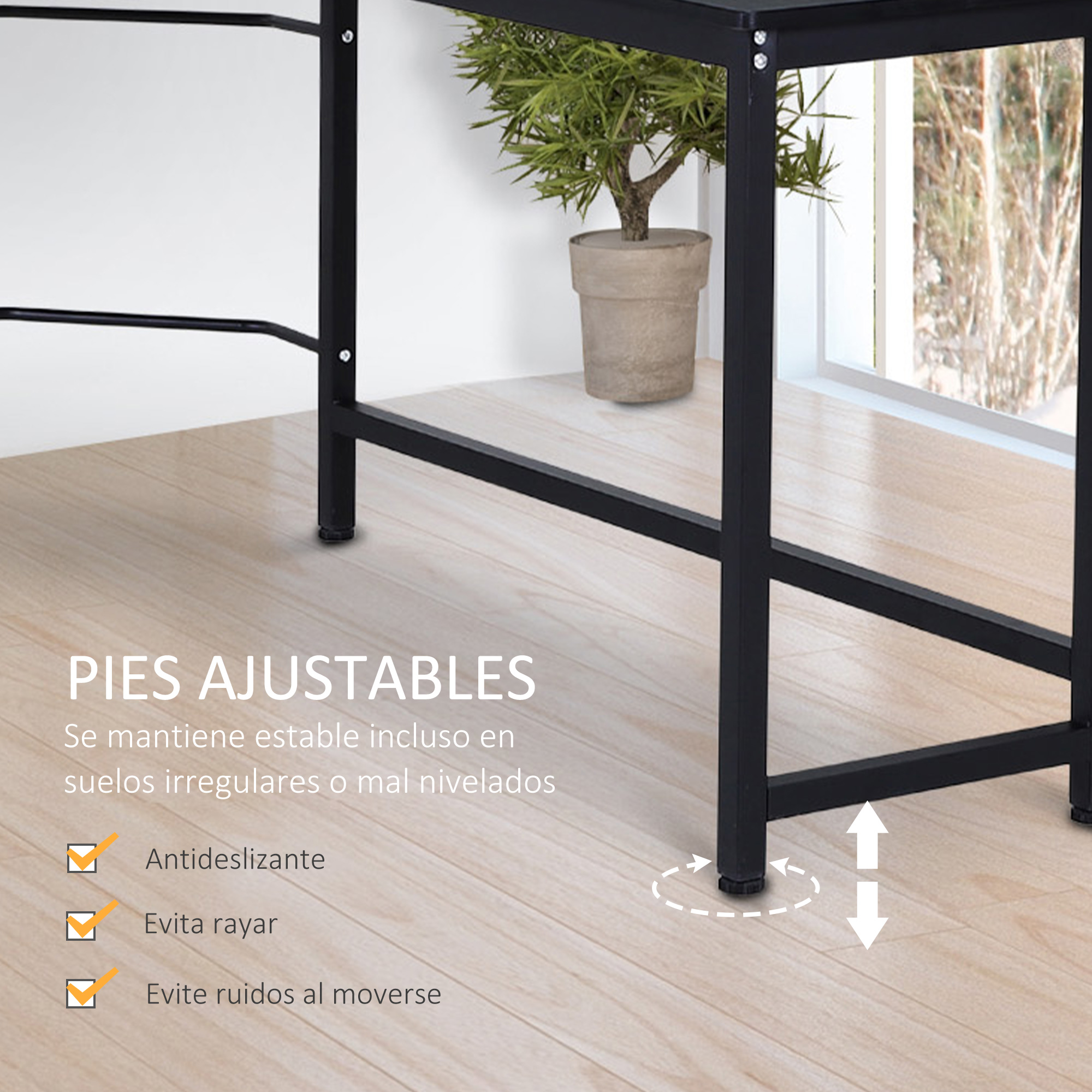 Pata de mesa negra con pies ajustables. Una planta en maceta está sobre la mesa. El suelo es de madera clara.