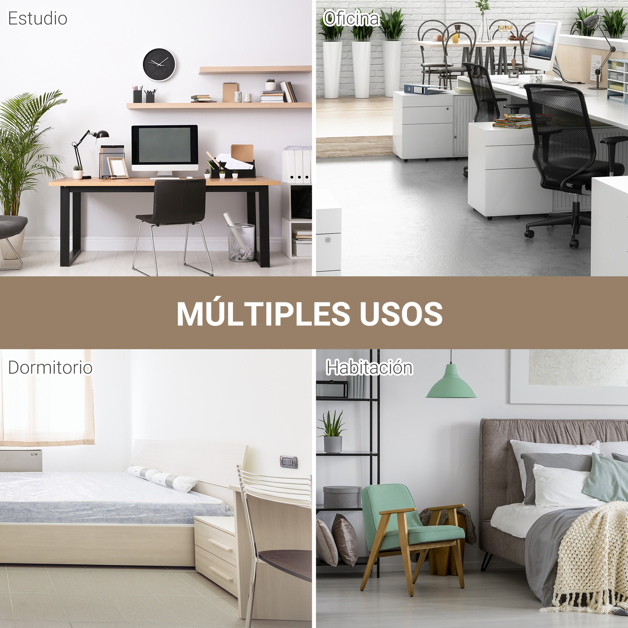 La imagen muestra varias habitaciones: oficina, estudio, dormitorio y sala de estar. Cada habitación tiene diferentes muebles y propósitos.