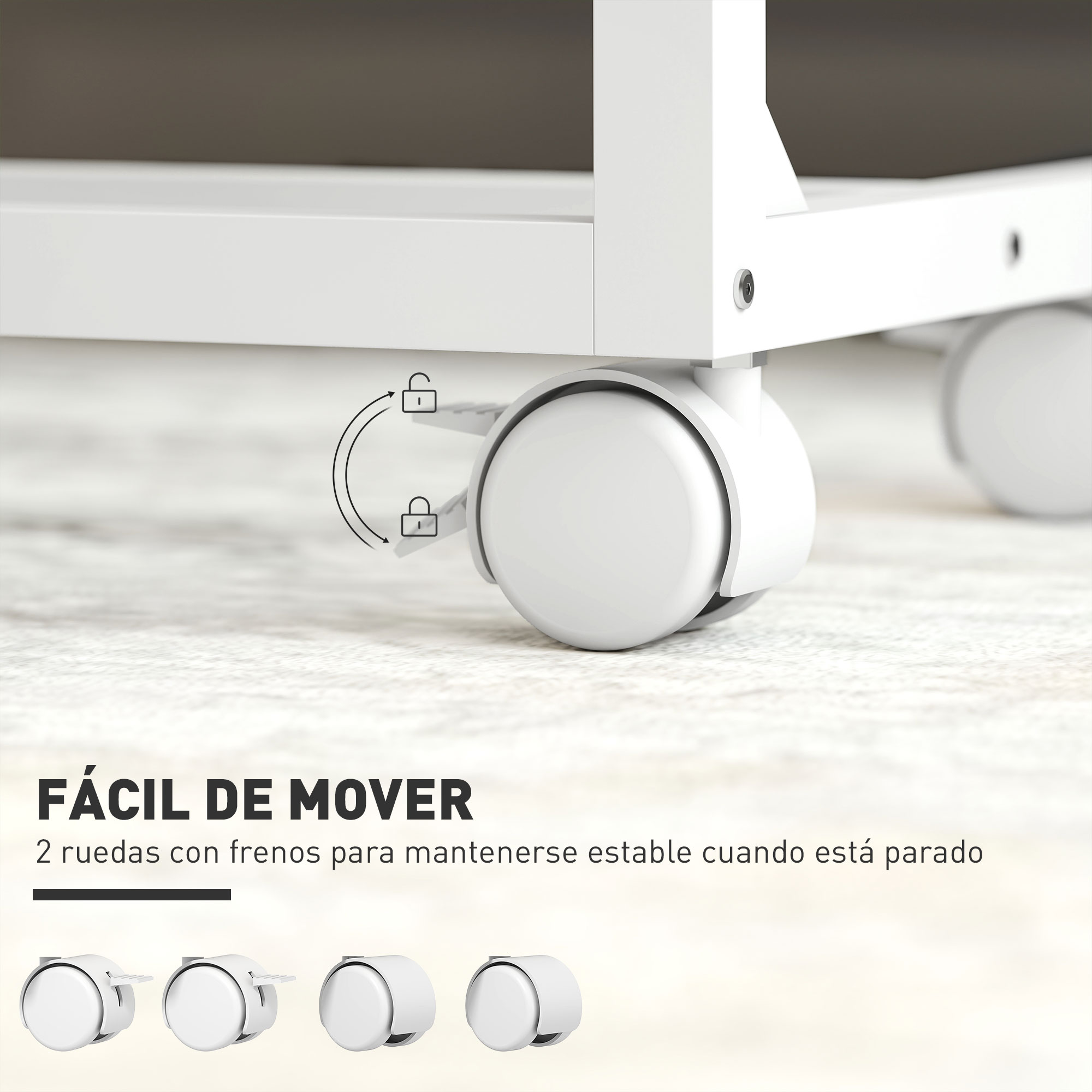 Rueda de carro blanca con freno. Un diagrama muestra el bloqueo y desbloqueo del freno. El texto dice: 'Fácil de mover'.