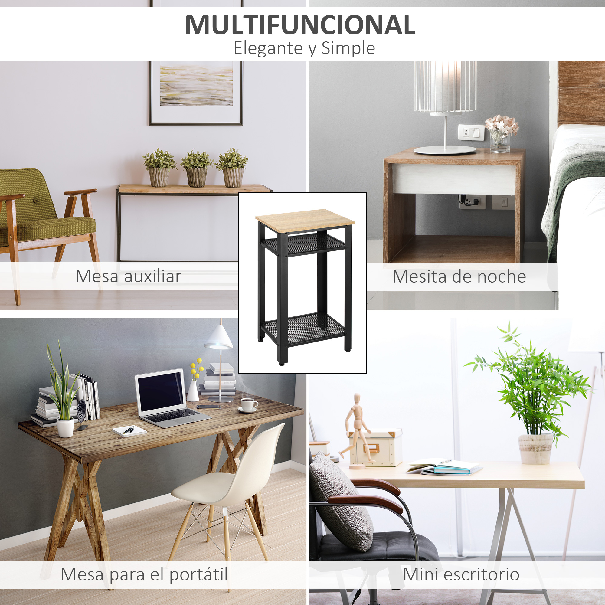 La imagen muestra un anuncio de muebles multifuncionales. Muestra diferentes mesas: auxiliar, mesita de noche, portátil y mini escritorio.