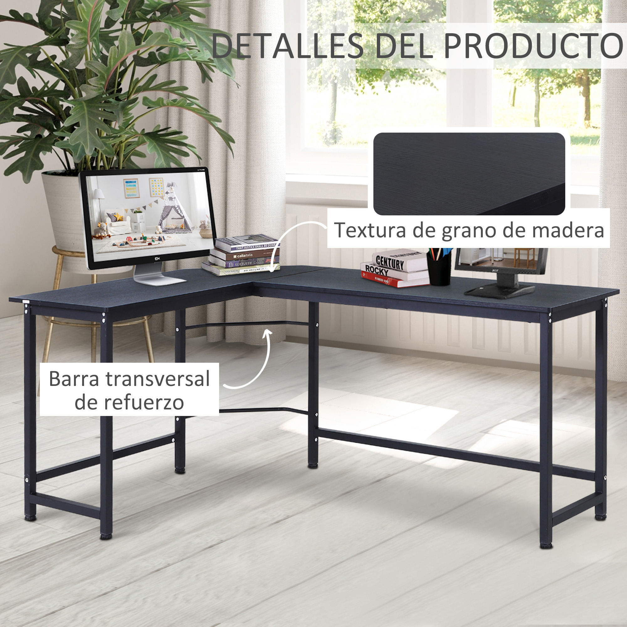 Un escritorio negro en forma de L con patas de metal. Una computadora, libros y bolígrafos están en el escritorio. Una planta en el fondo.