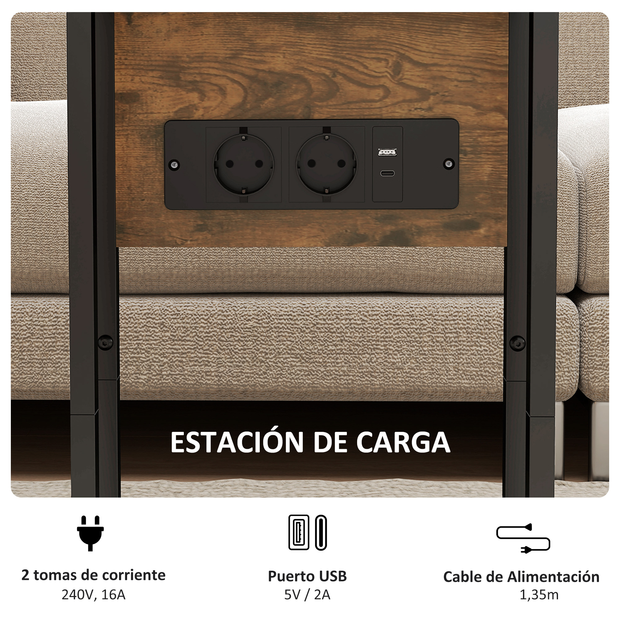 Una estación de carga con dos enchufes, un puerto USB y un cable de alimentación. Montada sobre una superficie de madera.