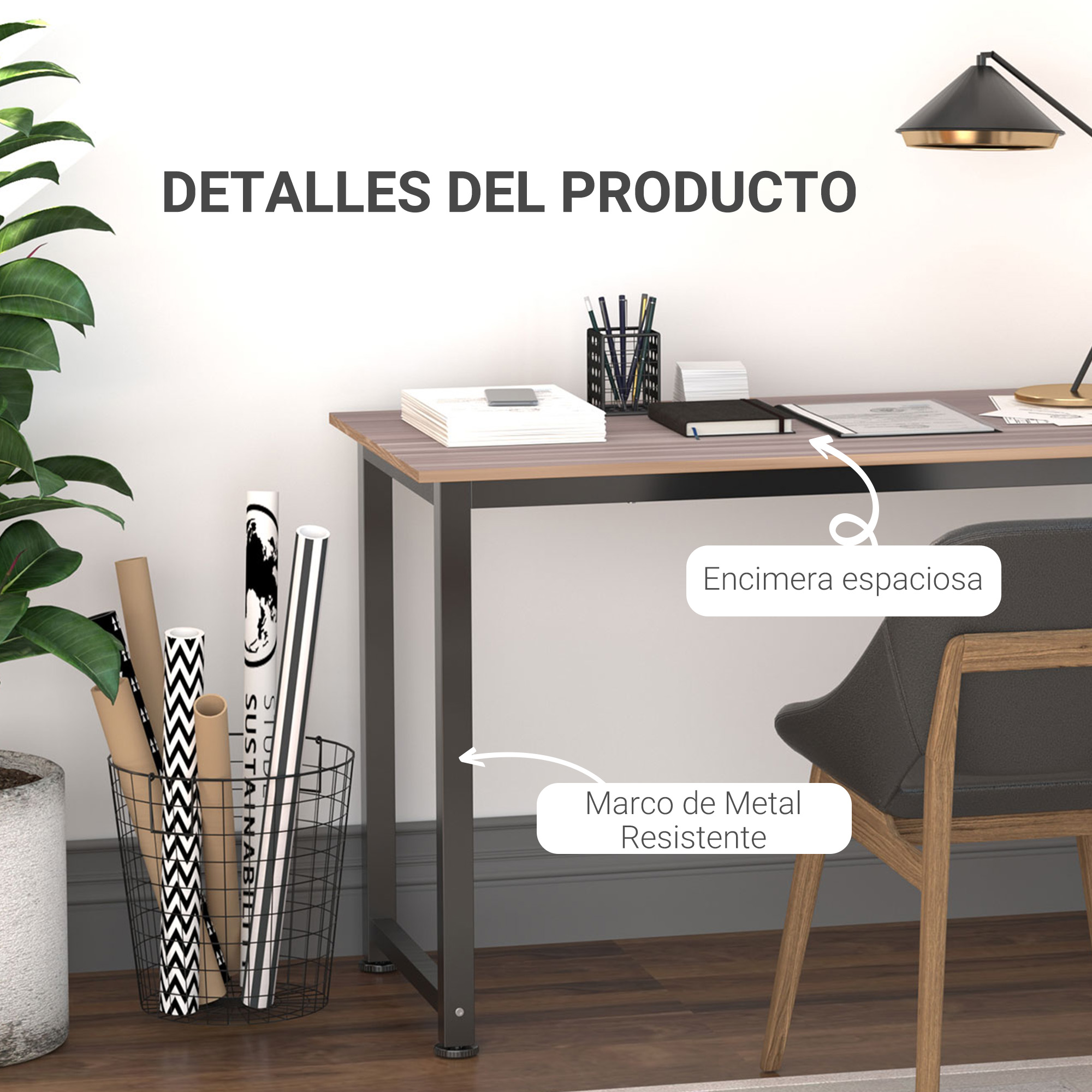 Un escritorio con estructura metálica y tapa de madera. Hay una silla detrás. Una planta a la izquierda.