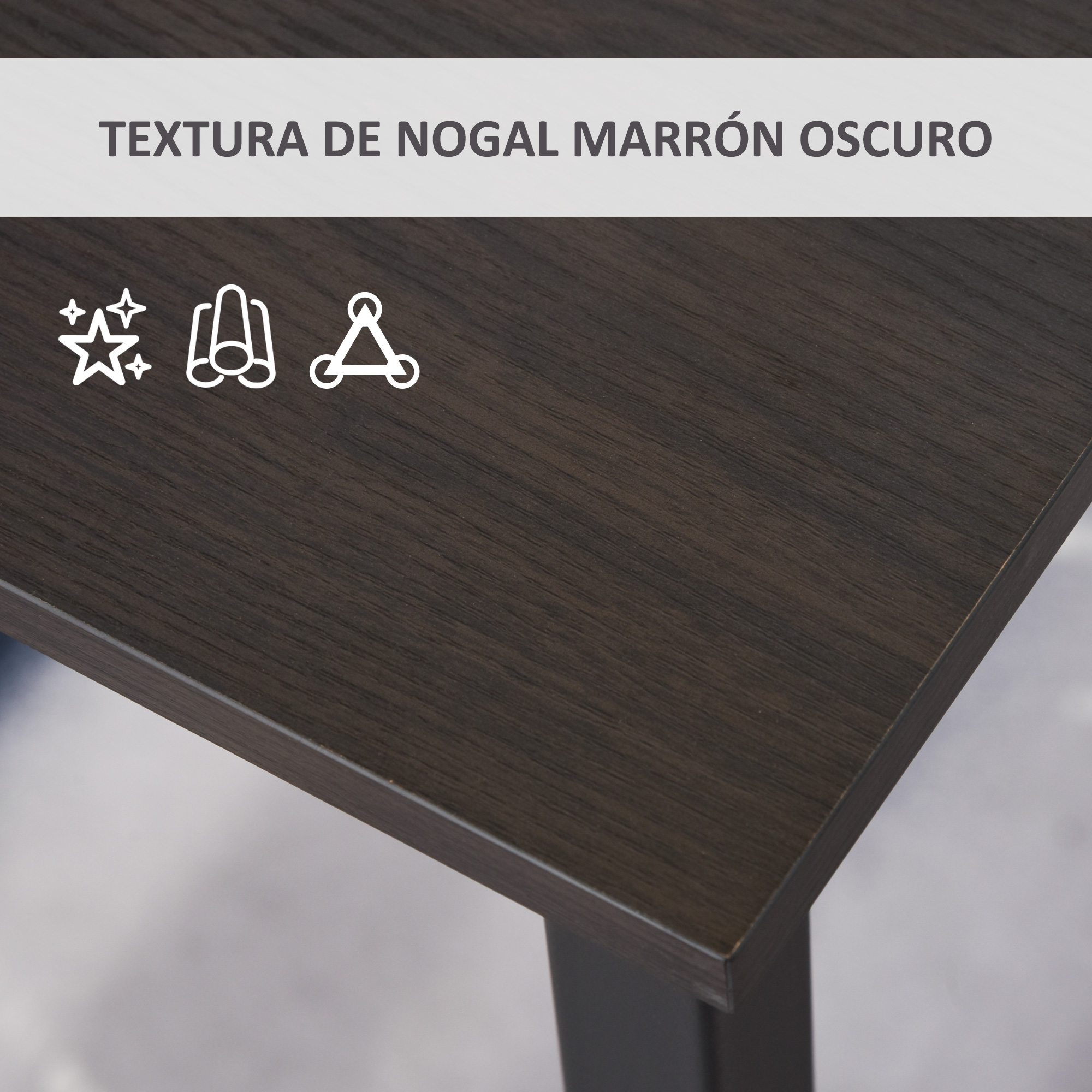 Textura de madera marrón oscuro. Tres iconos blancos en la parte superior izquierda. La esquina de la mesa es visible. El fondo está borroso.