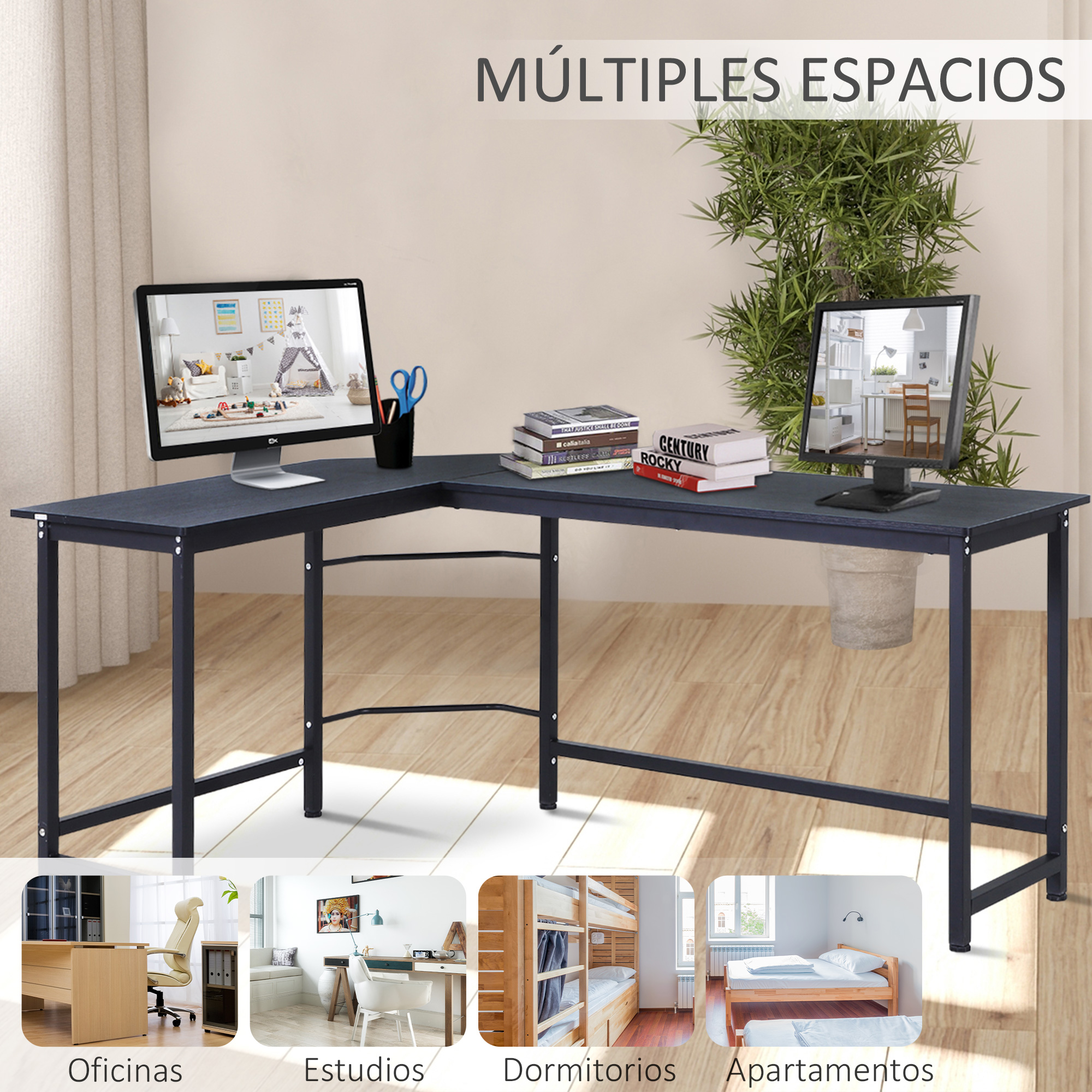 Un escritorio oscuro con dos monitores, libros y una planta. Debajo hay imágenes de configuraciones de oficina, estudio, dormitorio y apartamento.