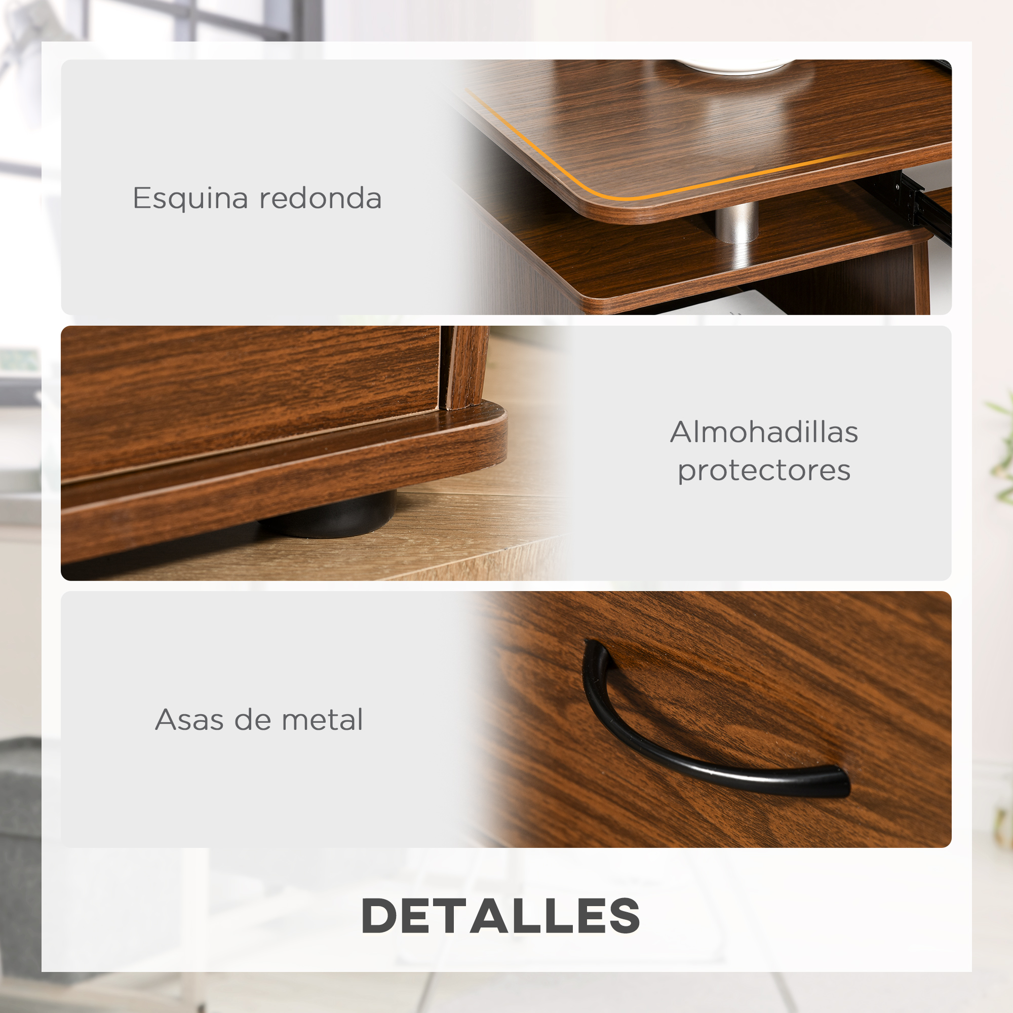 Detalles de un escritorio de madera marrón. Tiene asas metálicas, esquinas redondeadas y almohadillas protectoras.