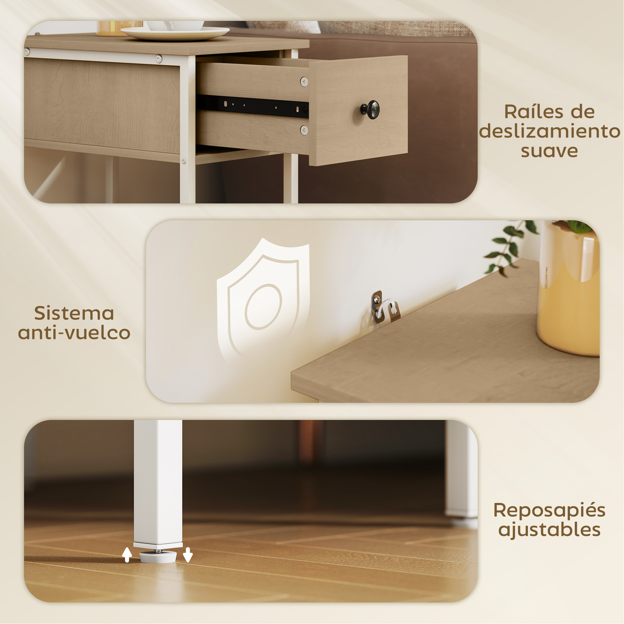 Mesita de noche con cajón abierto, sistema antivuelco y patas ajustables. Detalles: guías suaves y una pequeña planta.