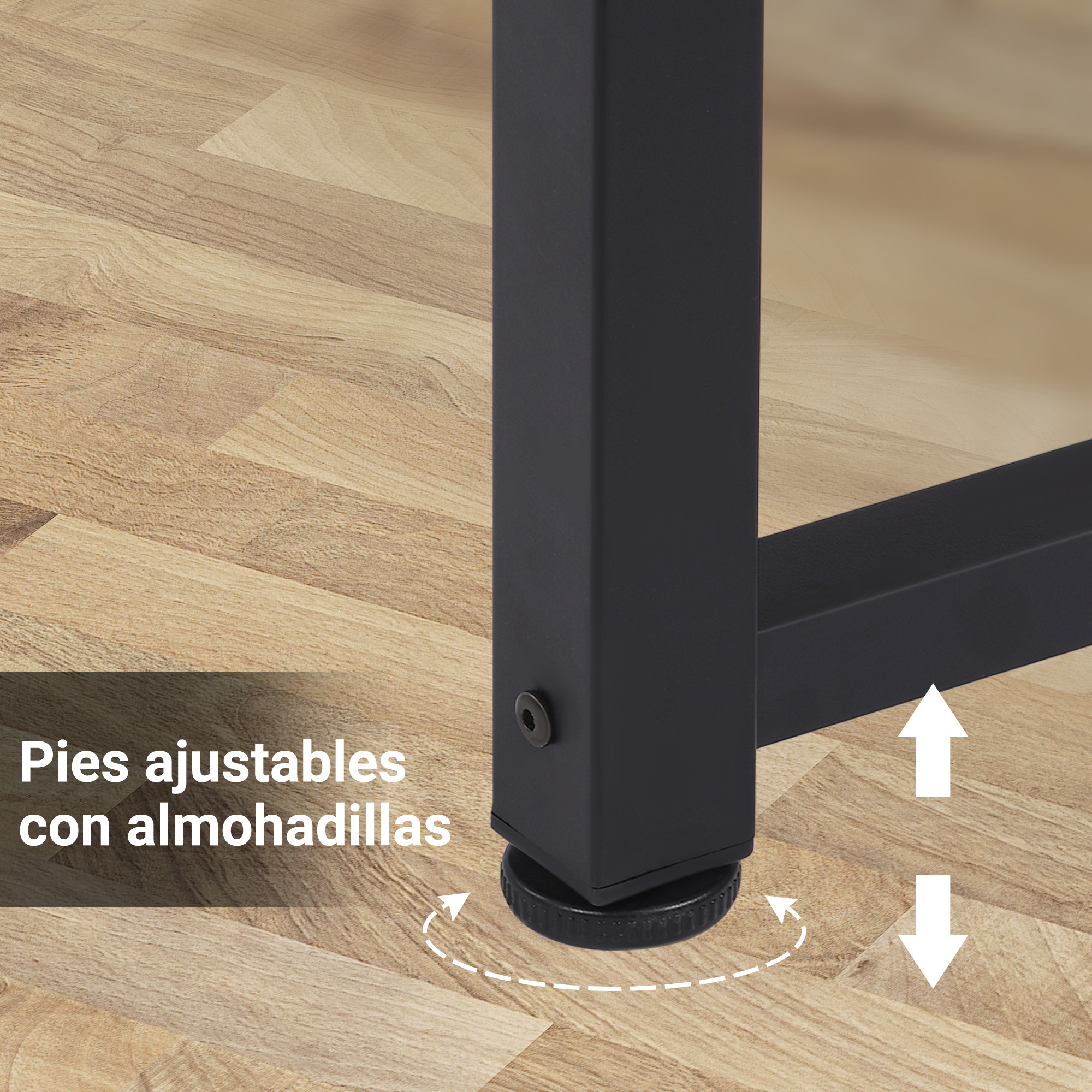 Primer plano de una pata de mesa negra con pie ajustable sobre suelo de madera. Flechas indican ajuste.