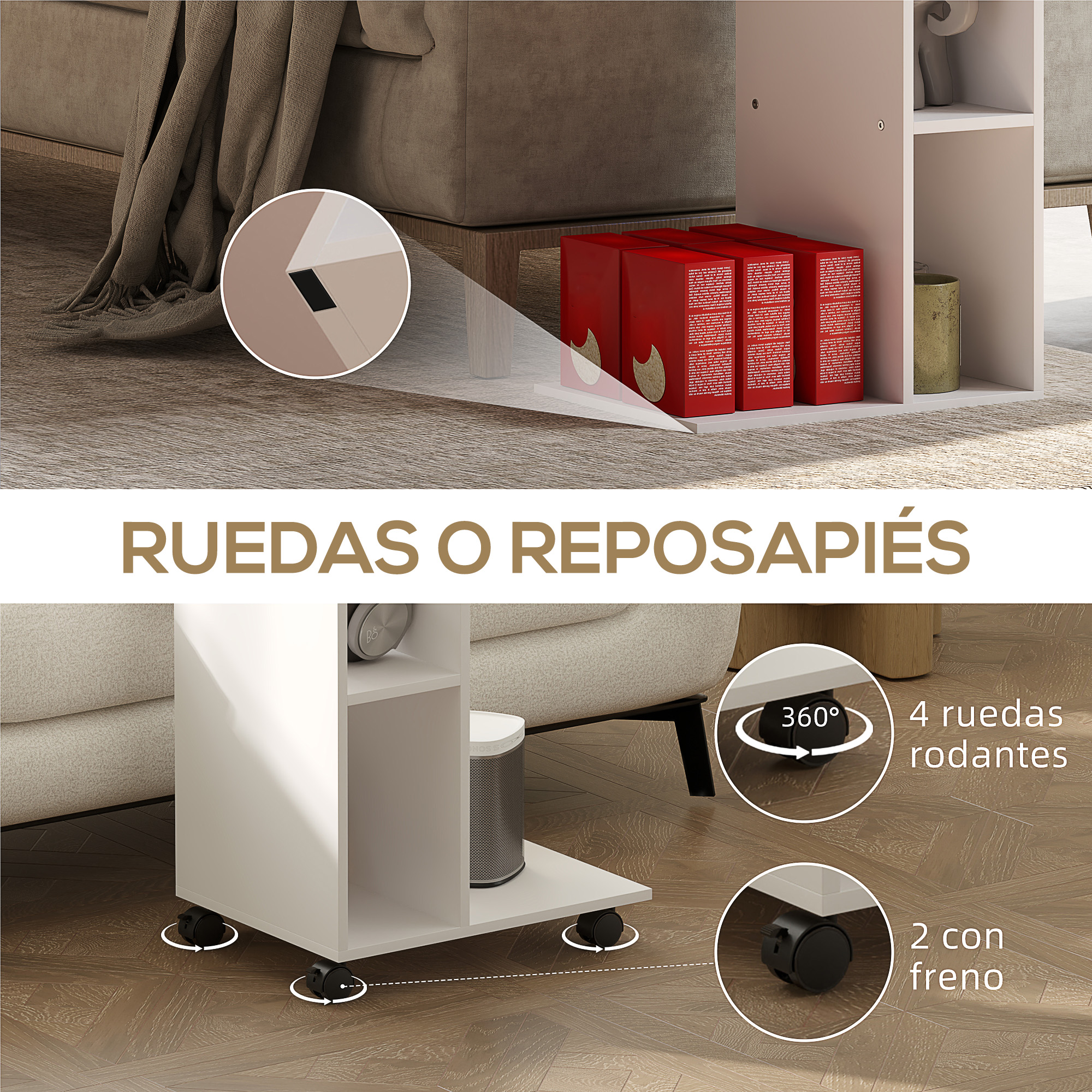 Mesa auxiliar blanca con ruedas. Cajas rojas en estante. Sofá y alfombra al fondo. Texto: Ruedas o reposapiés.