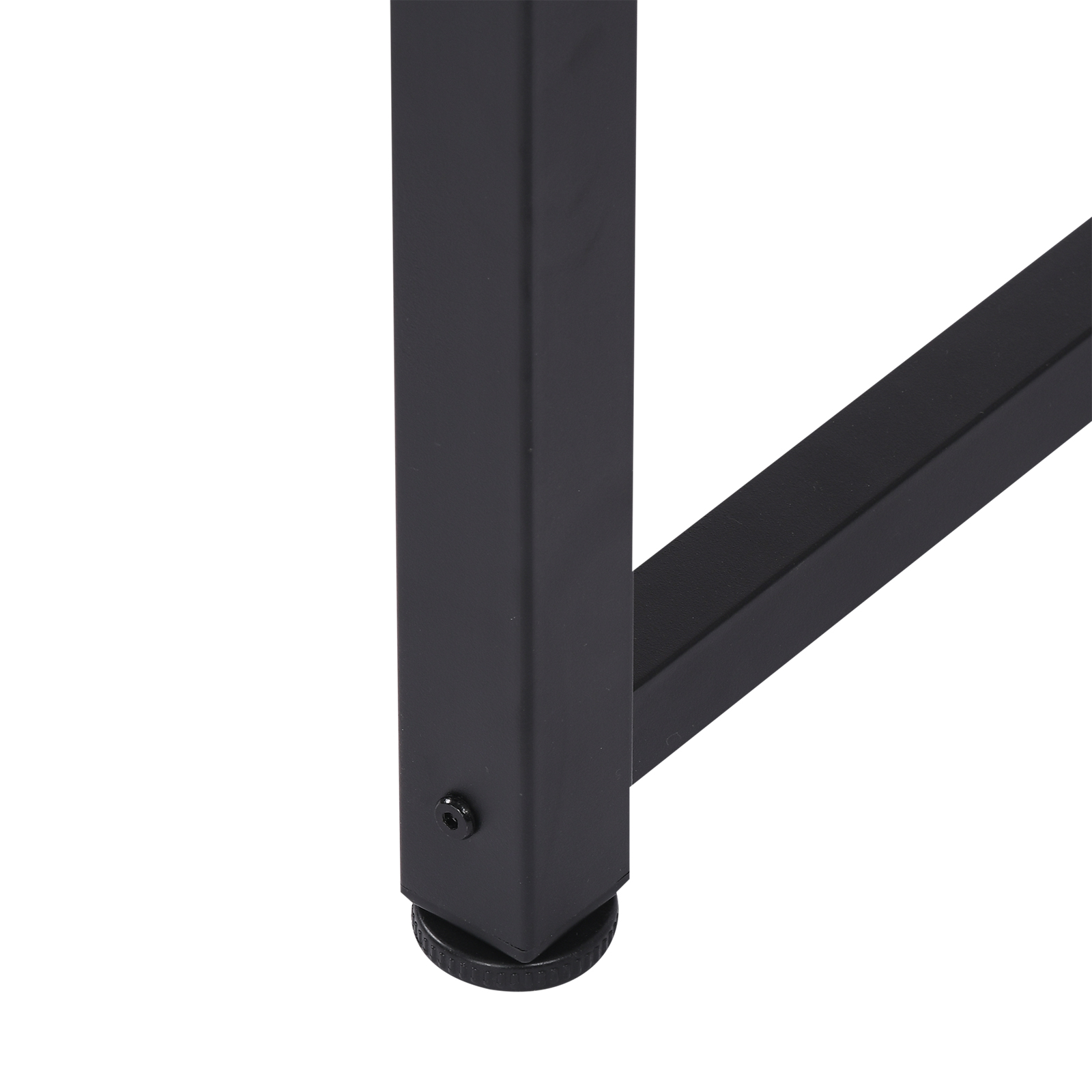 Primer plano de una pata de mesa de metal negro y una viga de soporte sobre fondo blanco.