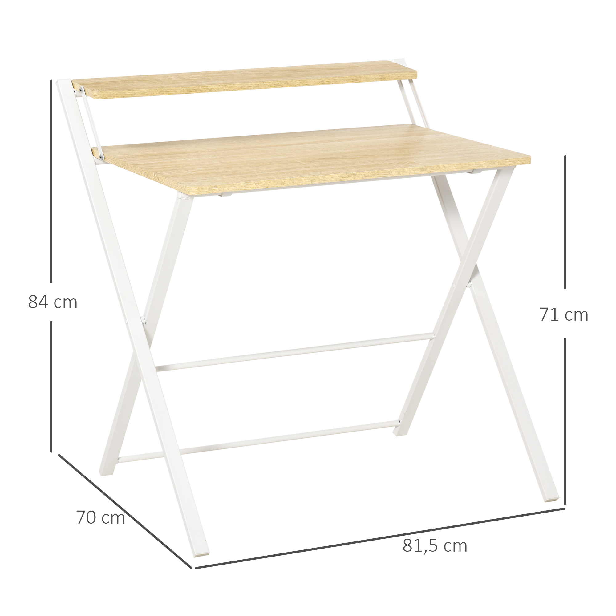 Un escritorio plegable con tapa de madera clara y marco de metal blanco. Las dimensiones se muestran junto al escritorio.