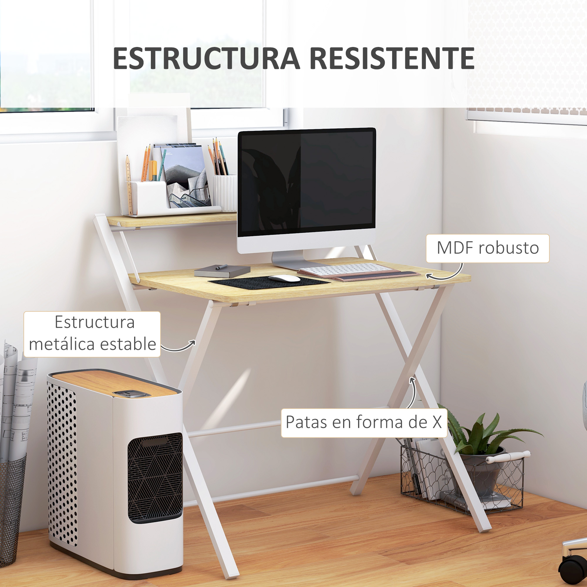 Un escritorio con computadora, accesorios y una planta. A la izquierda, un calentador. El escritorio tiene patas en forma de X.