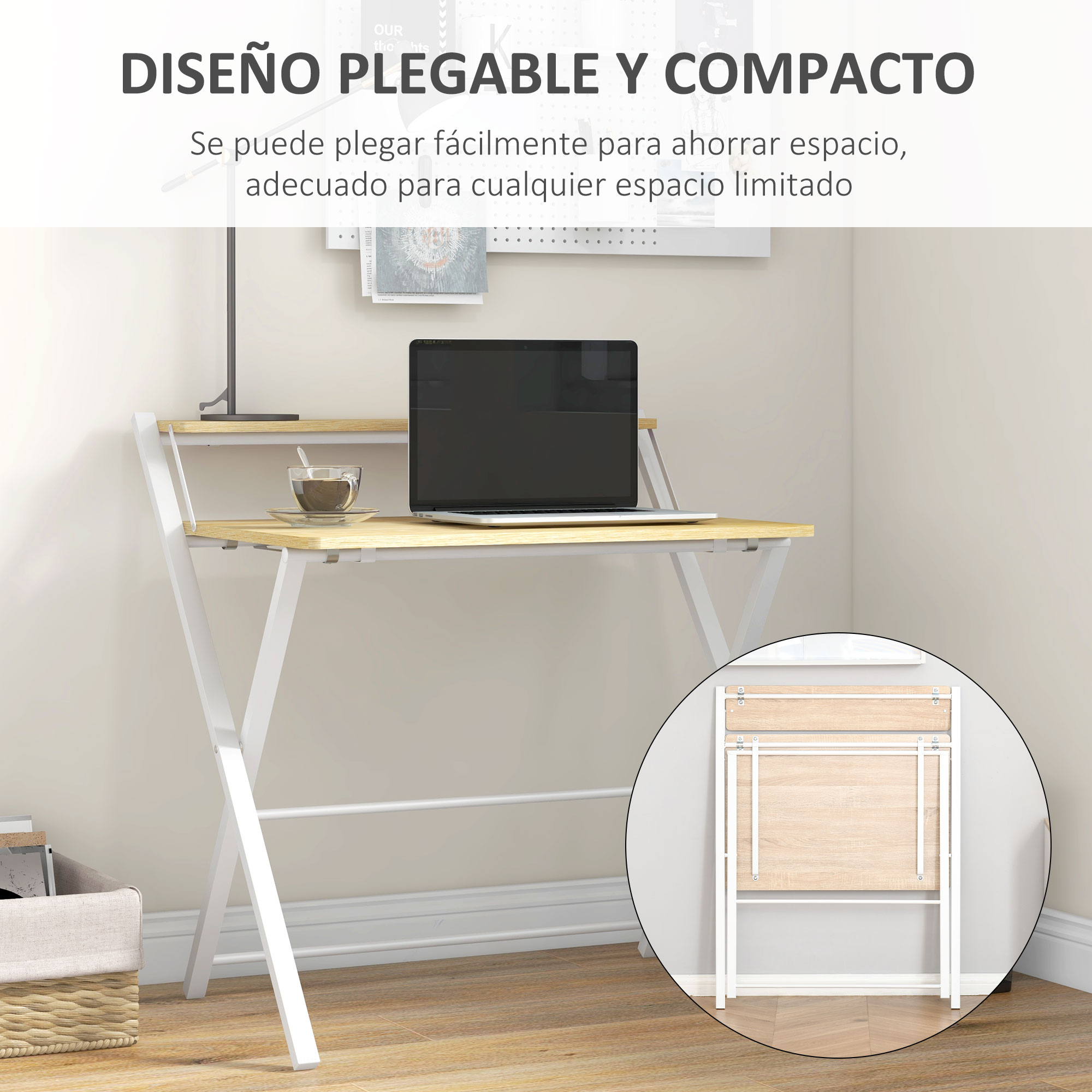 Un escritorio plegable con una laptop, una taza y un monitor. Es blanco y tiene una superficie color madera. Se muestra una versión plegada más pequeña.
