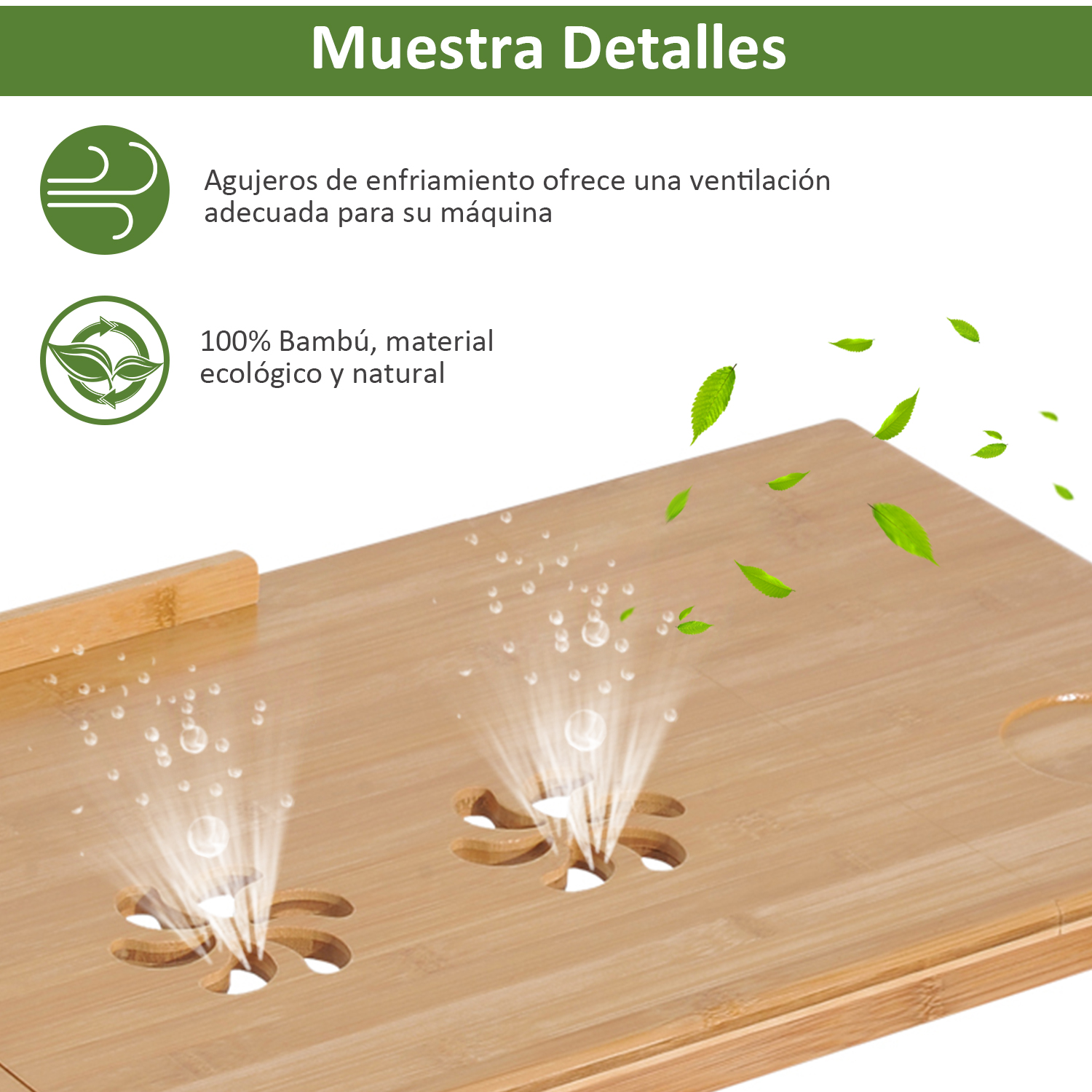 Primer plano de un escritorio para portátil de bambú. Tiene orificios de refrigeración, el texto dice que es ecológico y natural.