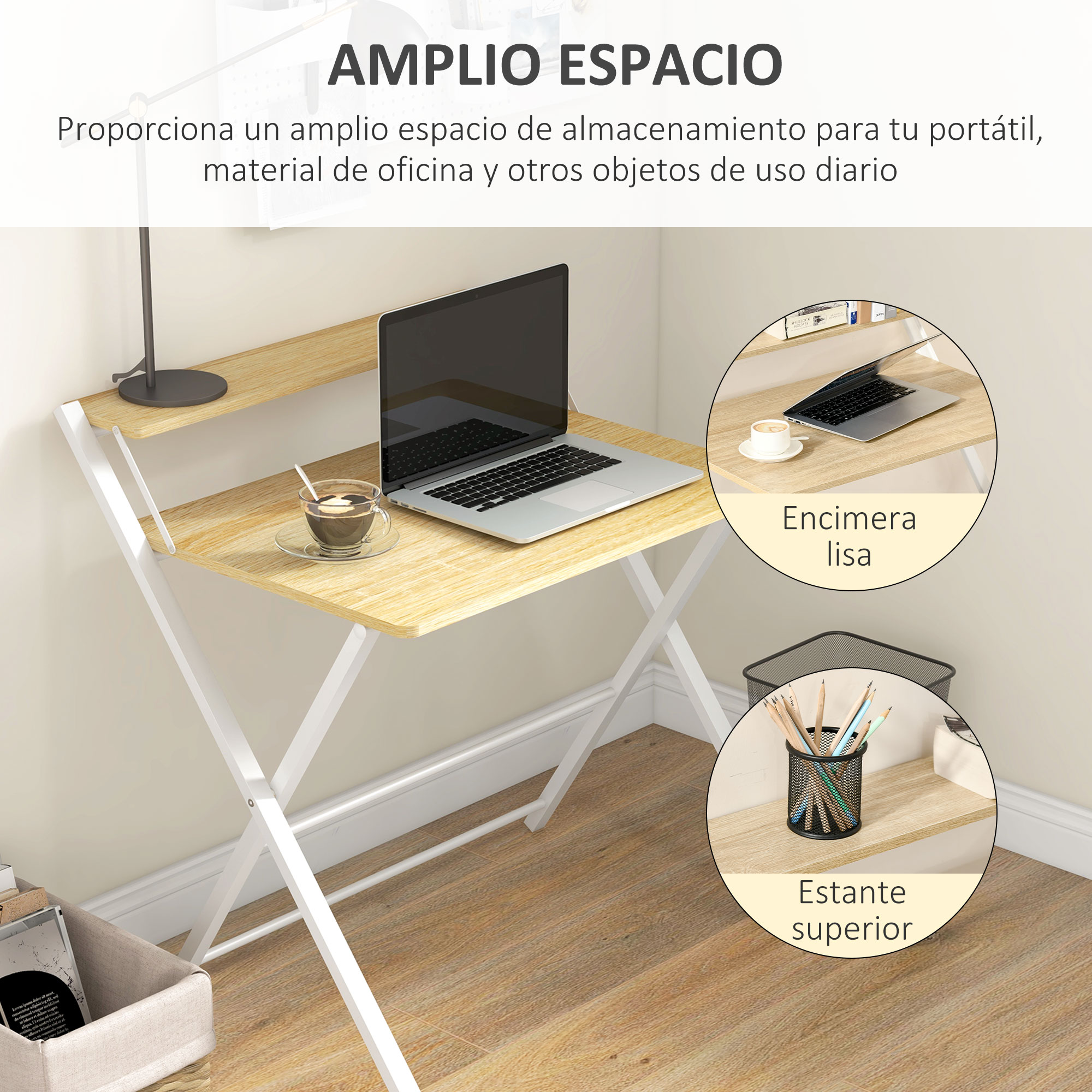 Escritorio de madera con portátil, taza de café y estante con lápices. Patas blancas.