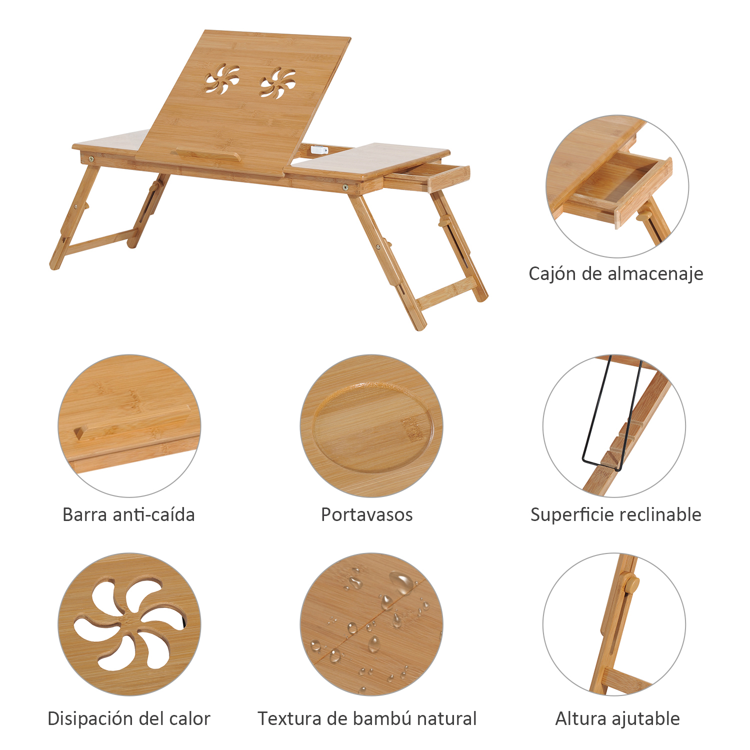 Un escritorio para portátil de bambú con altura ajustable y superficie inclinable, con cajón, portavasos y diseño de disipación de calor.