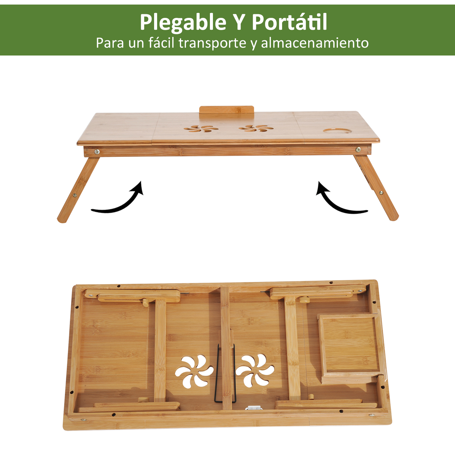 Una mesa plegable de bambú para portátil. Vista superior muestra la mesa abierta con patas y cortes en forma de flor. Vista inferior plegada.