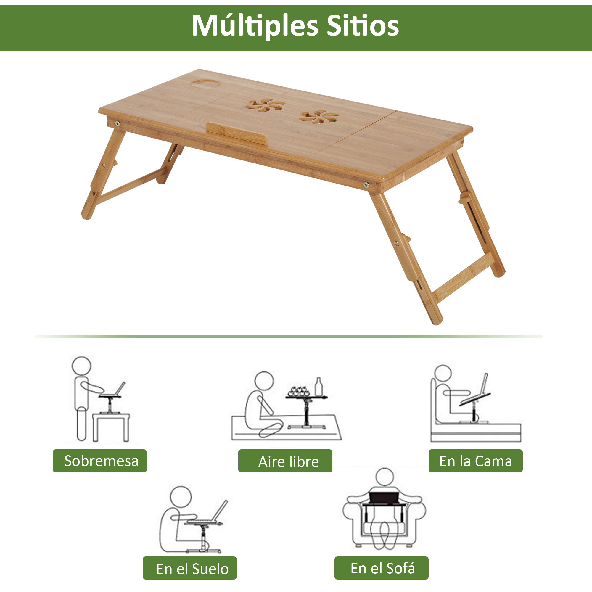 Se muestra una mesa para portátil de bambú con patas plegables. Debajo, dibujos muestran que se puede usar en diferentes lugares.