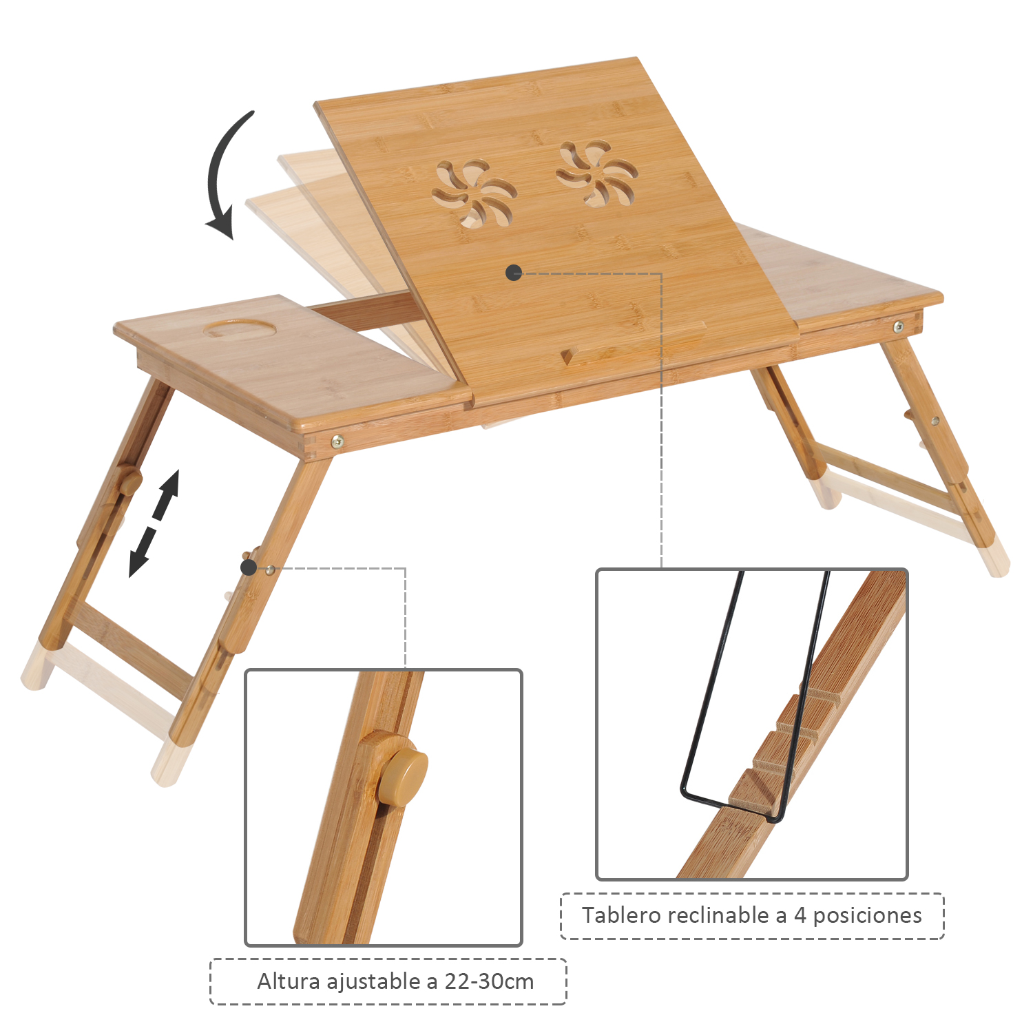 Un escritorio de bambú para portátil con patas ajustables y superficie inclinable. Tiene un portavasos y orificios de ventilación con forma de flor.