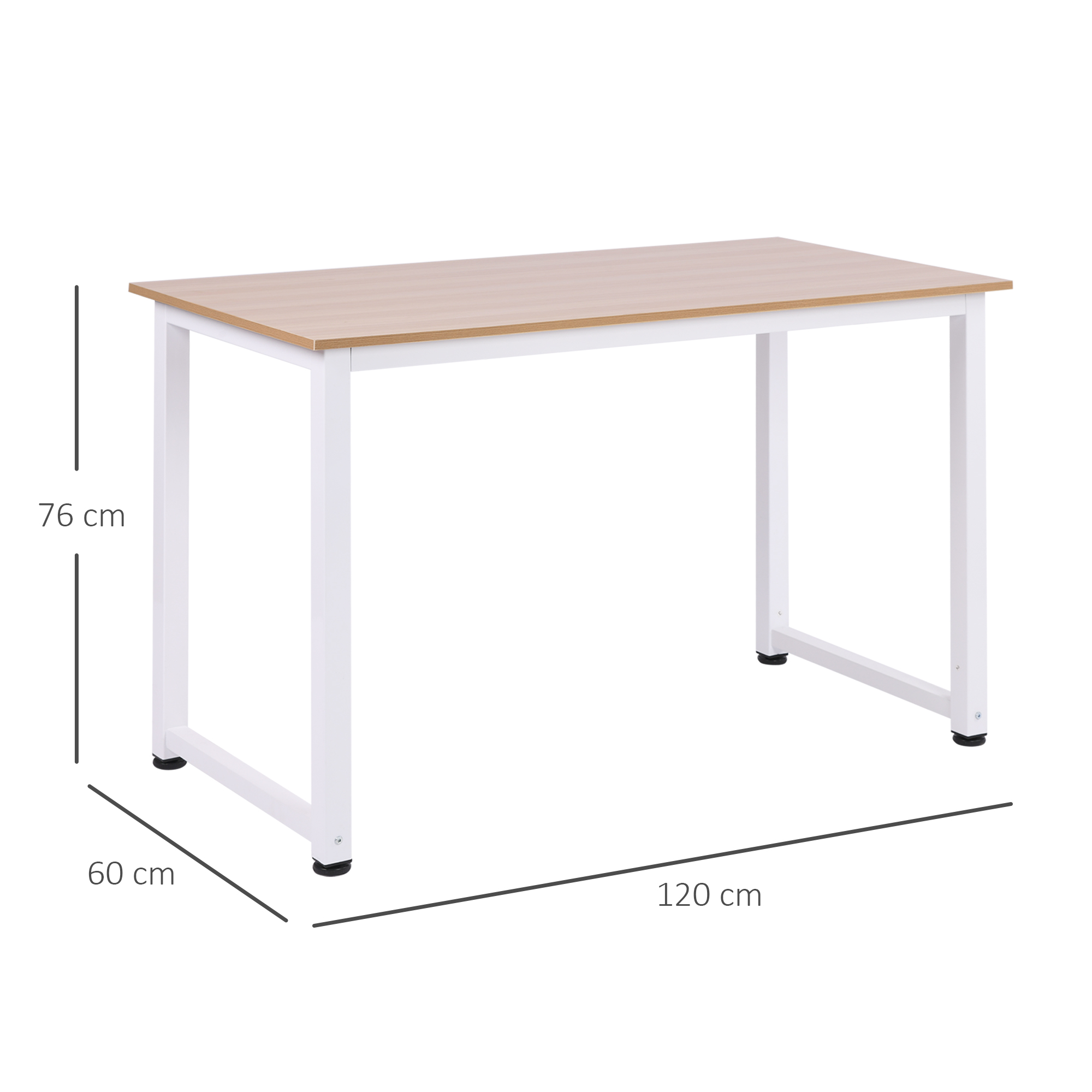 Una mesa rectangular con tapa marrón claro y patas blancas. Las dimensiones son 120 cm, 60 cm y 76 cm.
